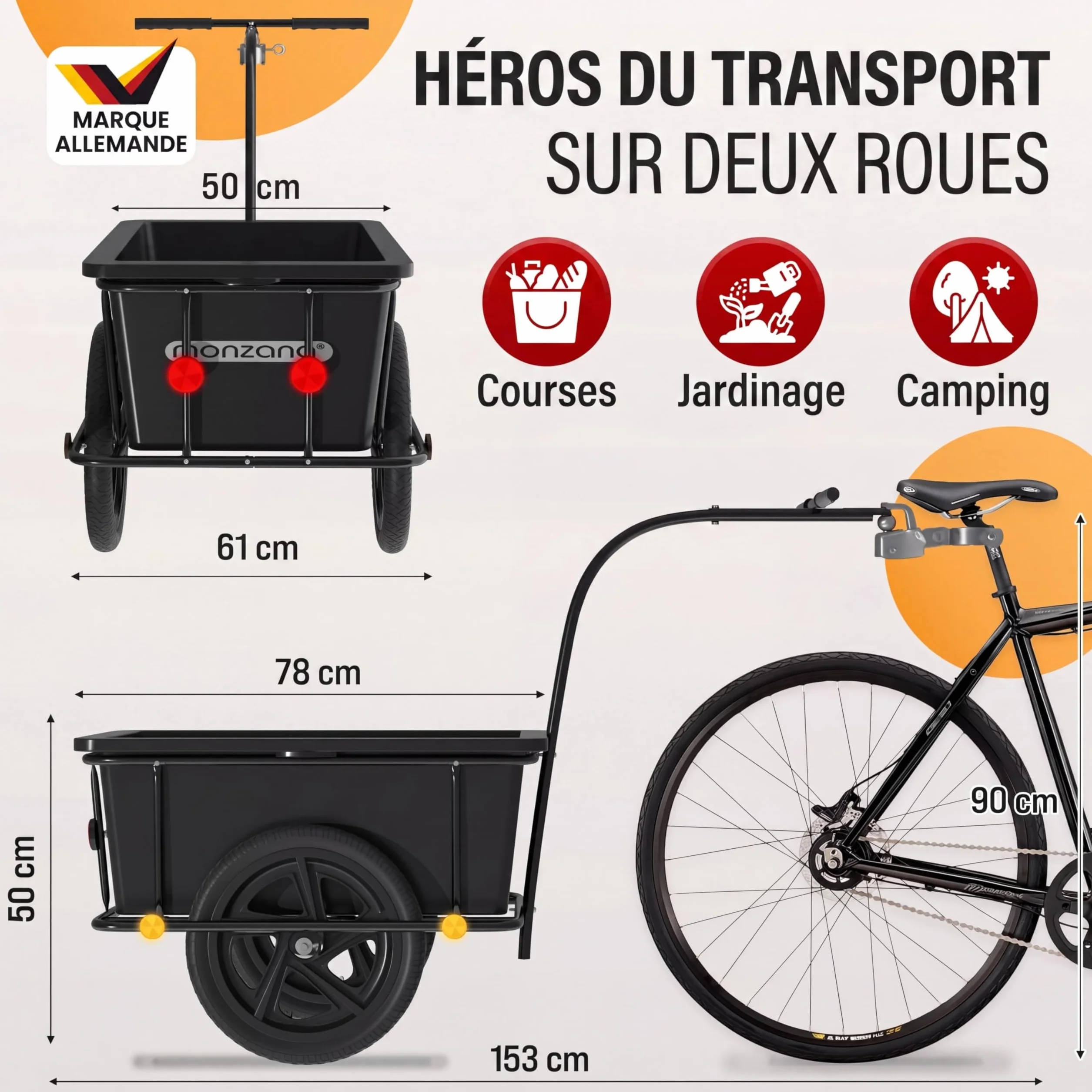 MONZANA Remorque Vélo Cuve 90L Amovible Bâche Barre Attelage Rotatif Réflecteurs Transport Chariot 80kg