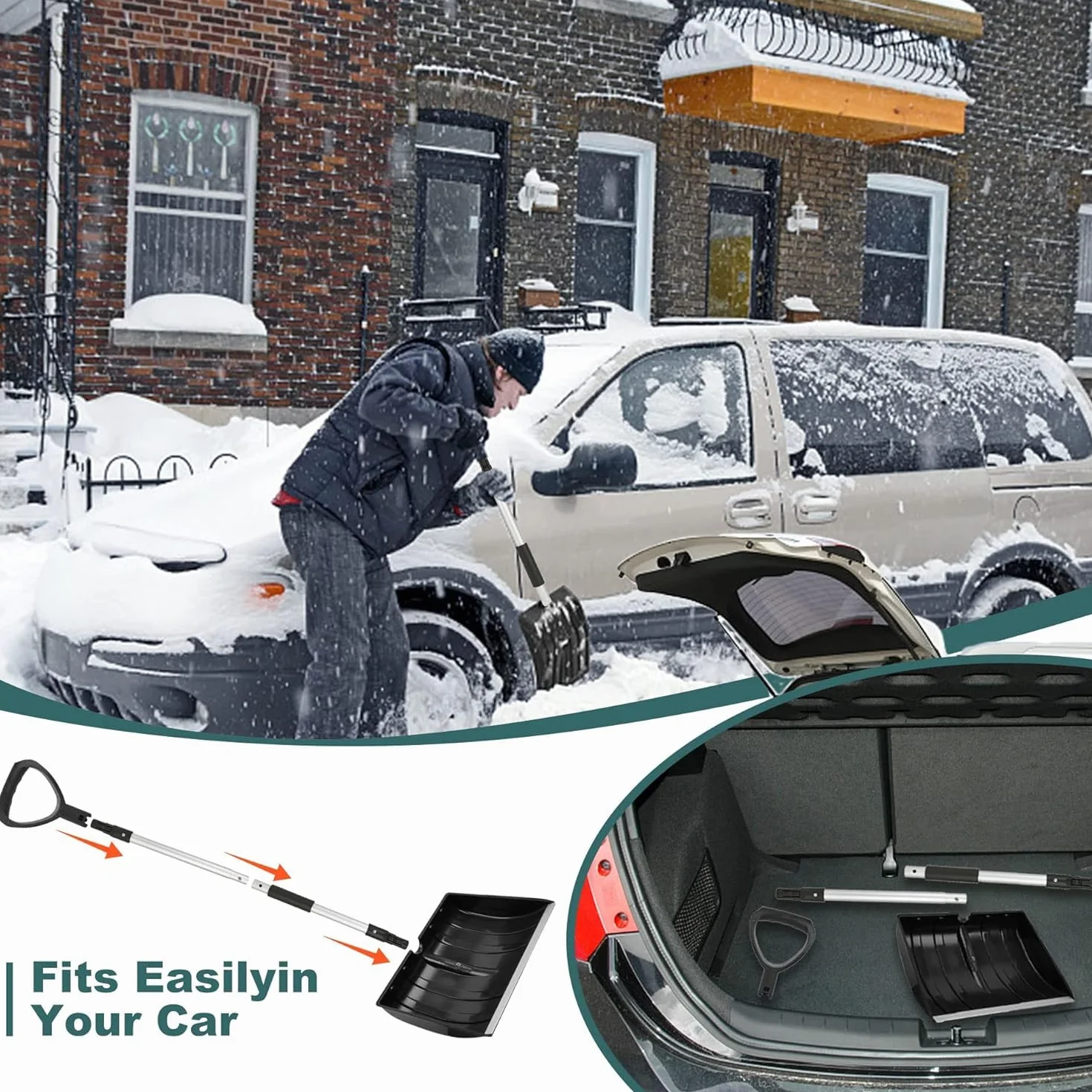 Pelle a Neige, réglable Portable Grande capacité,Profil en Aluminium Bord de Glissement, Conception Amovible,poignée en D pour la Conduite de Voiture de Jardin et Le Camping en Plein air