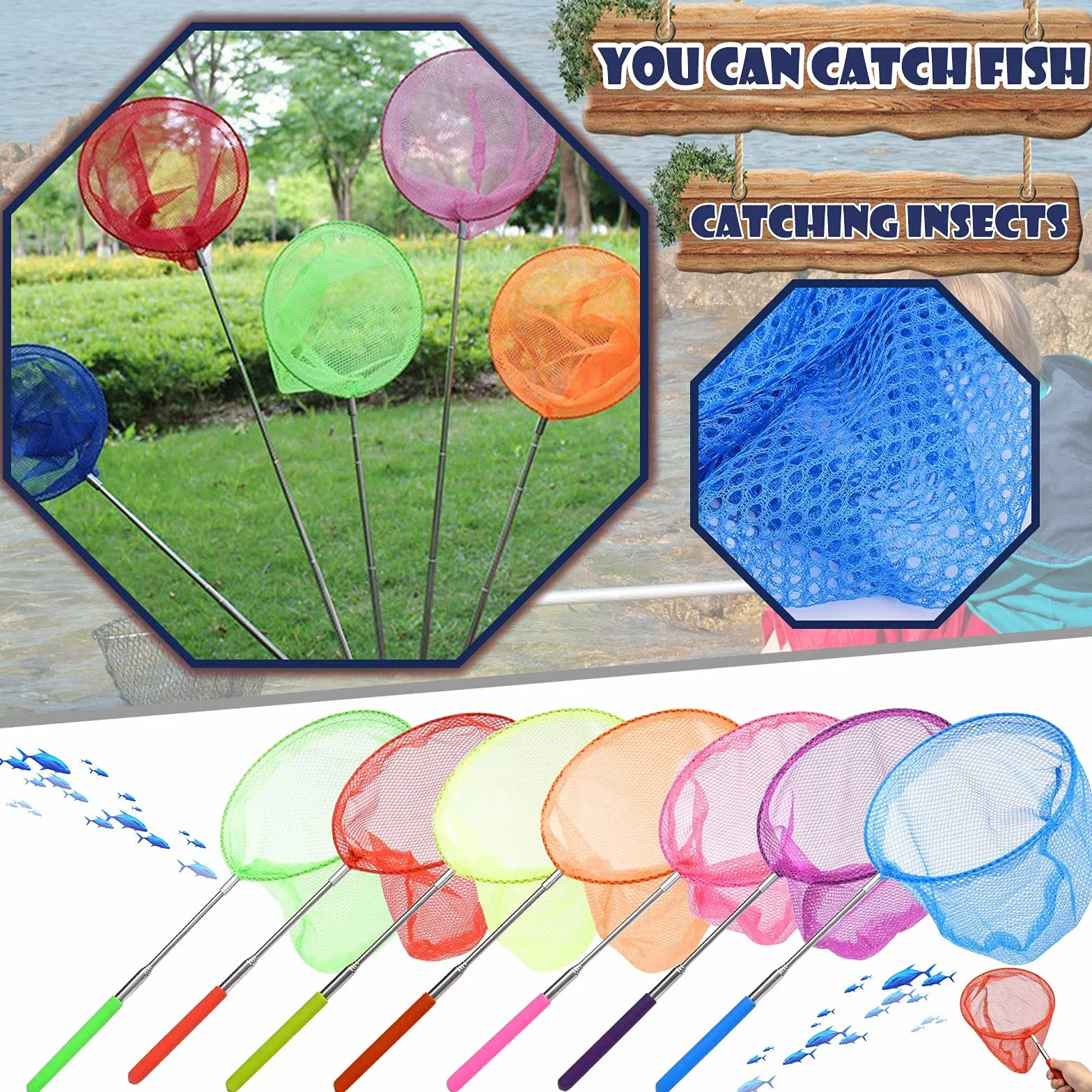 Épuisette télescopique pour Enfants Filet de pêche Attraper Insectes Jardin Piscine Extérieur