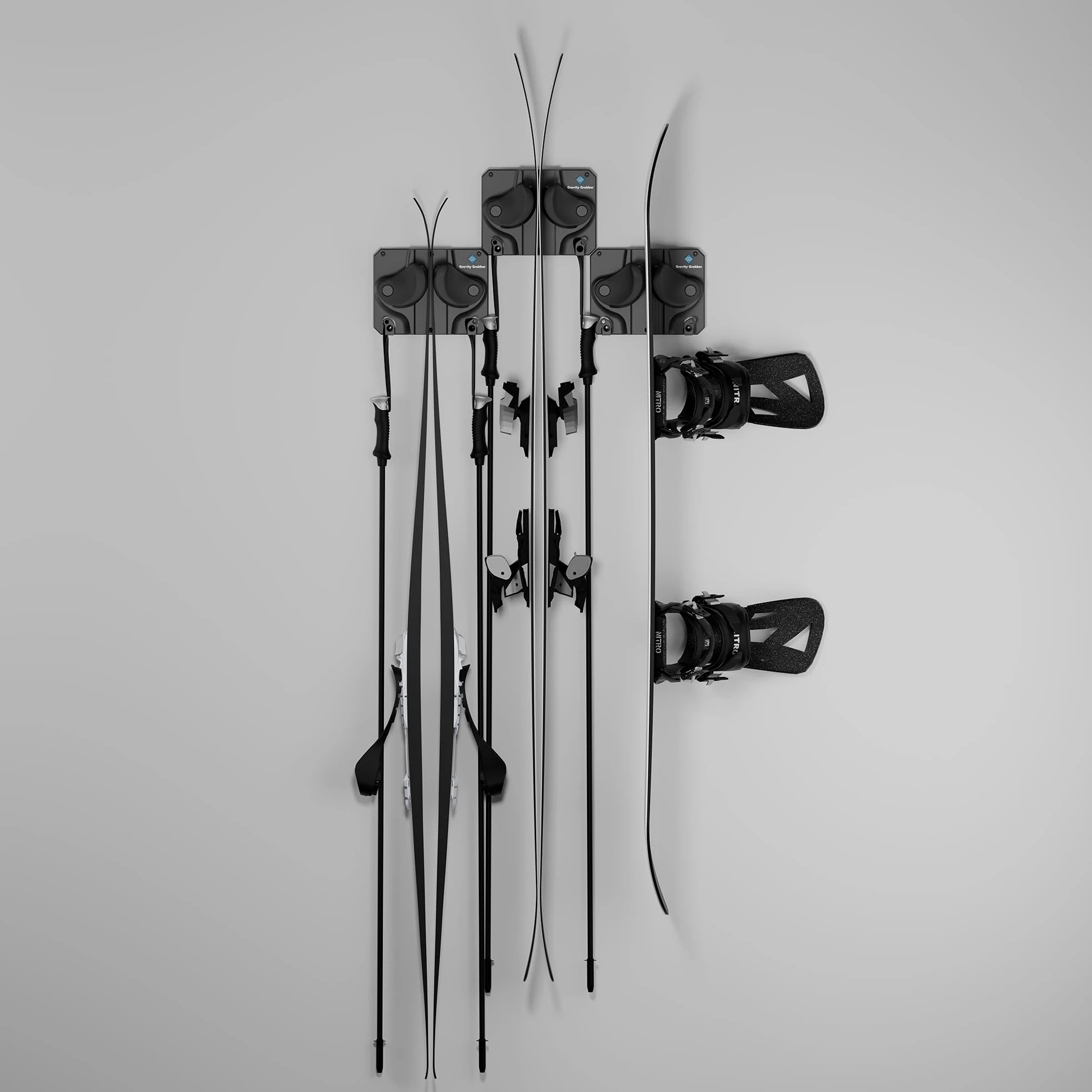 Gravity Grabber Support Mural pour Ski et Snowboard - Pour Tout Type de Ski ou Snowboard - Protège Rocker et Extrémités - Sans Risques - 3x - Noir