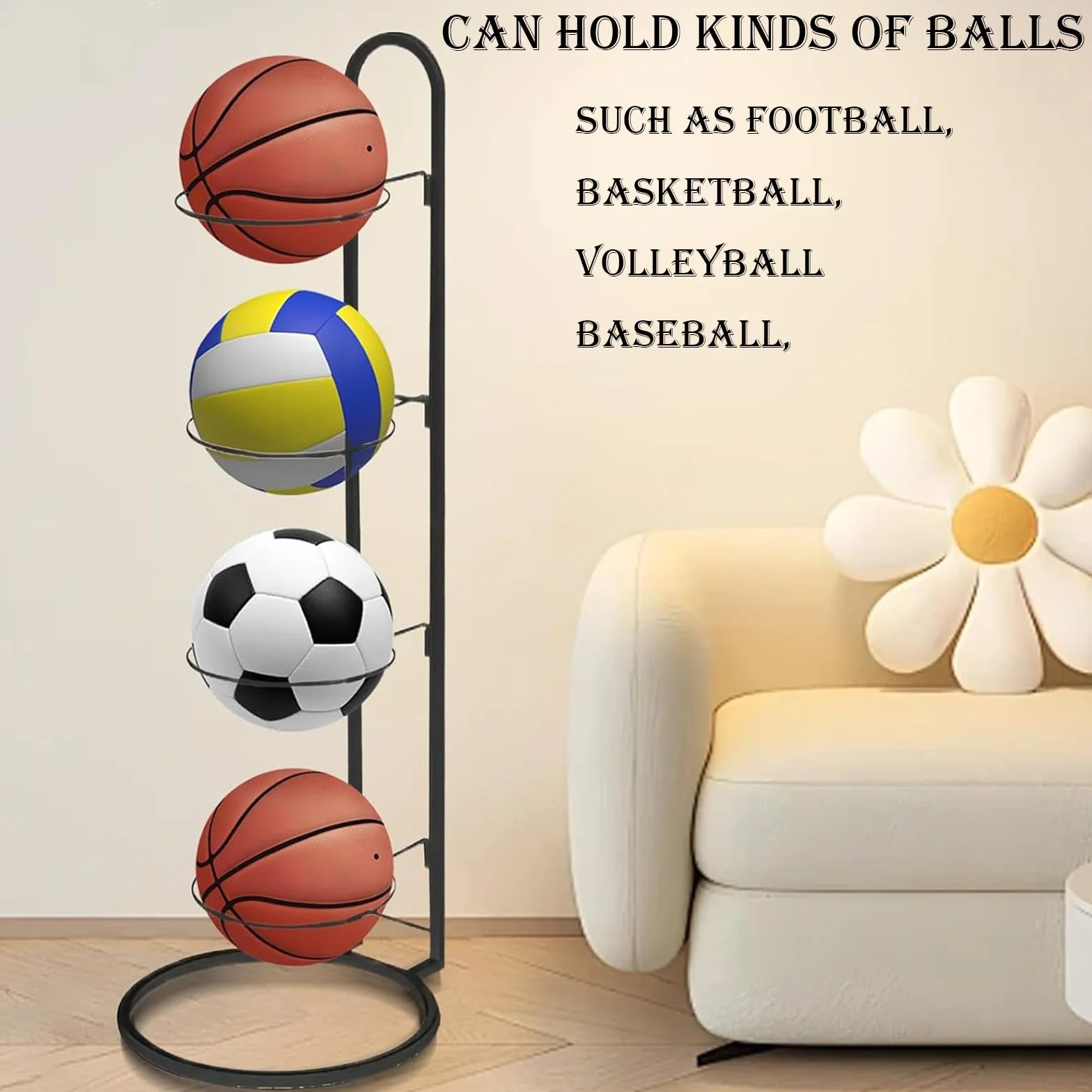 Support Ballon Foot 4 Niveaux, Support Ballon Vertical Amovible, Porte Ballon Basket pour Football, Basketball, Volleyball et Rugby (Noir)