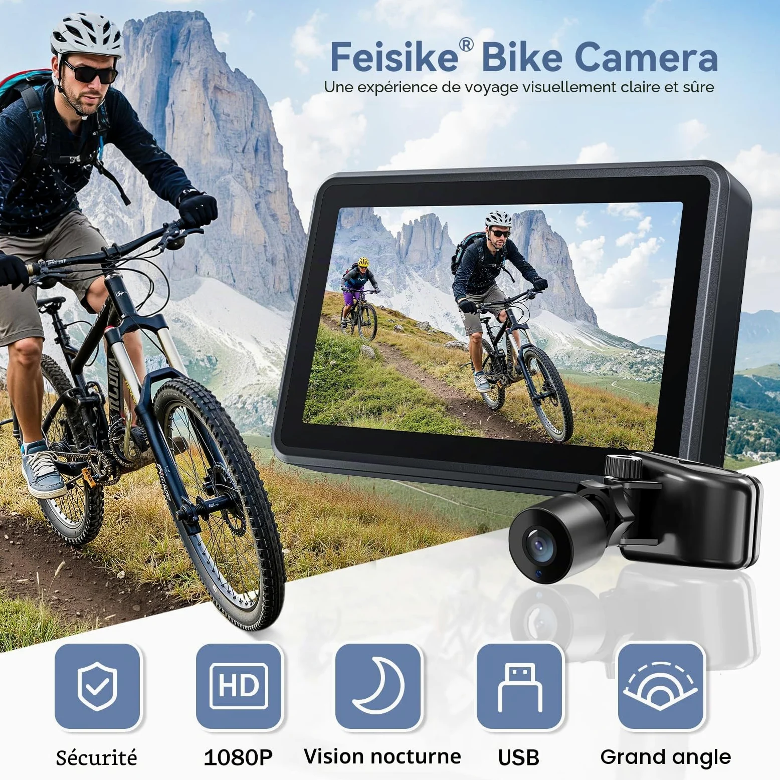 FEISIKE Rétroviseur de guidon de vélo, caméra de recul avec fonction de vision nocturne HD de 10,9 cm, grand angle de vue de 145°, support rotatif réglable, compatible avec vélo, montagne, vélo de
