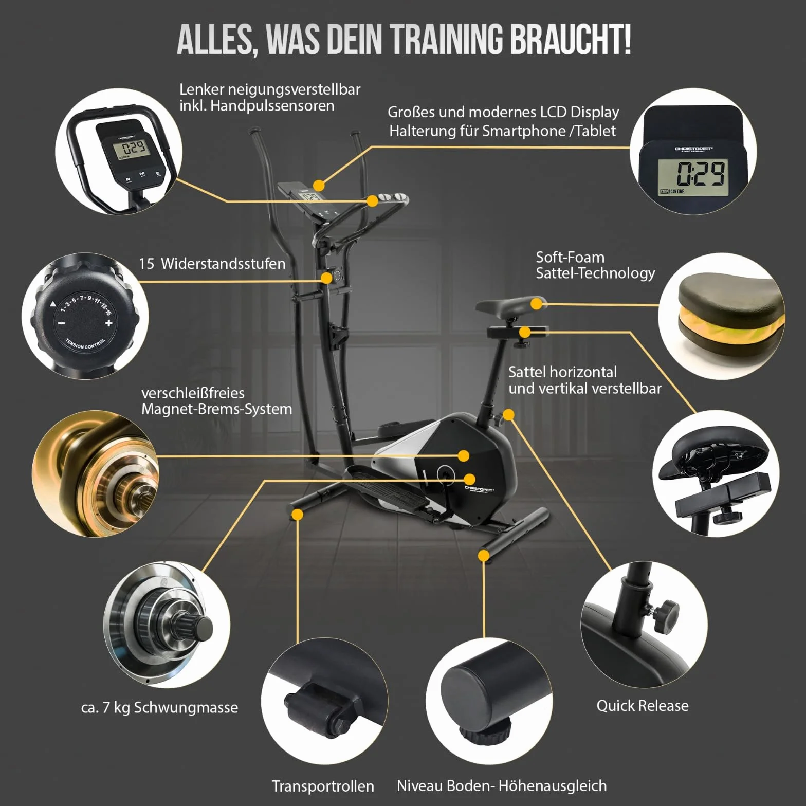 Christopeit Vélo elliptique CT 6 2 en 1 frein magnétique 7kg 8 niveaux résistance capteurs pouls support tablette