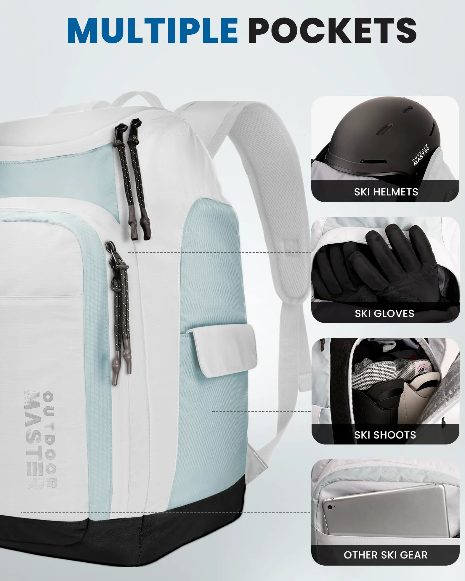 OutdoorMaster Sac à dos de voyage pour bottes de ski et de snowboard avec compartiments séparés pour casque, chaussures de ski, lunettes, gants et accessoires | Extérieur et fond résistants aux