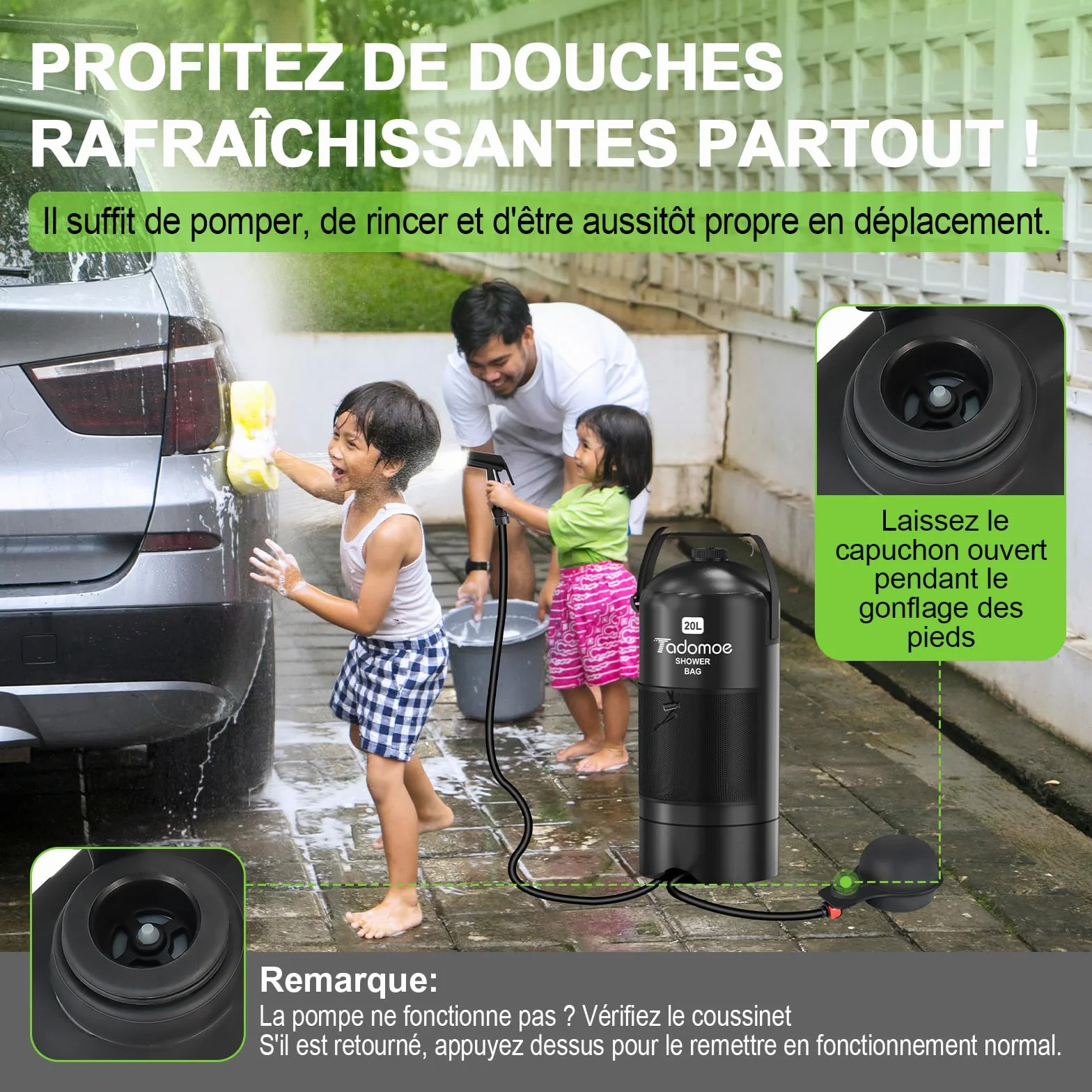 Douche Solaire Camping Portable 20L avec Pompe à Pied et Tuyau 2m - Sac de Douche Extérieur Pliable