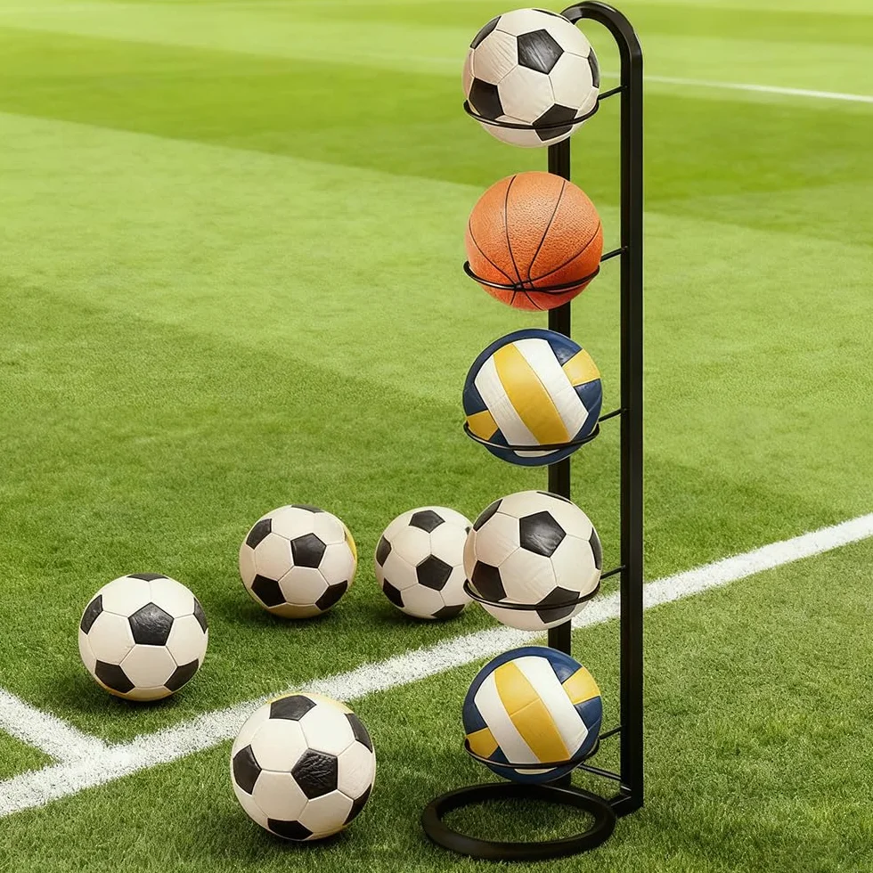 Rangement Ballon 5 Niveaux, Porte Ballon sur Pieds Métal 115.5 × 23.5 cm, Noir