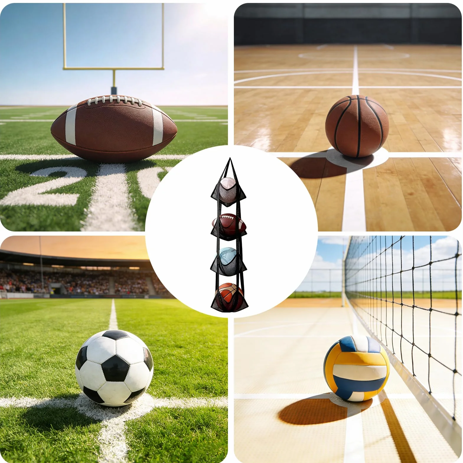 Rangement Ballon Mural Suspendu 4 Niveaux, Support Ballon en Nylon pour Basketball Football Volleyball, Organisateur Garage Cave (Noir)