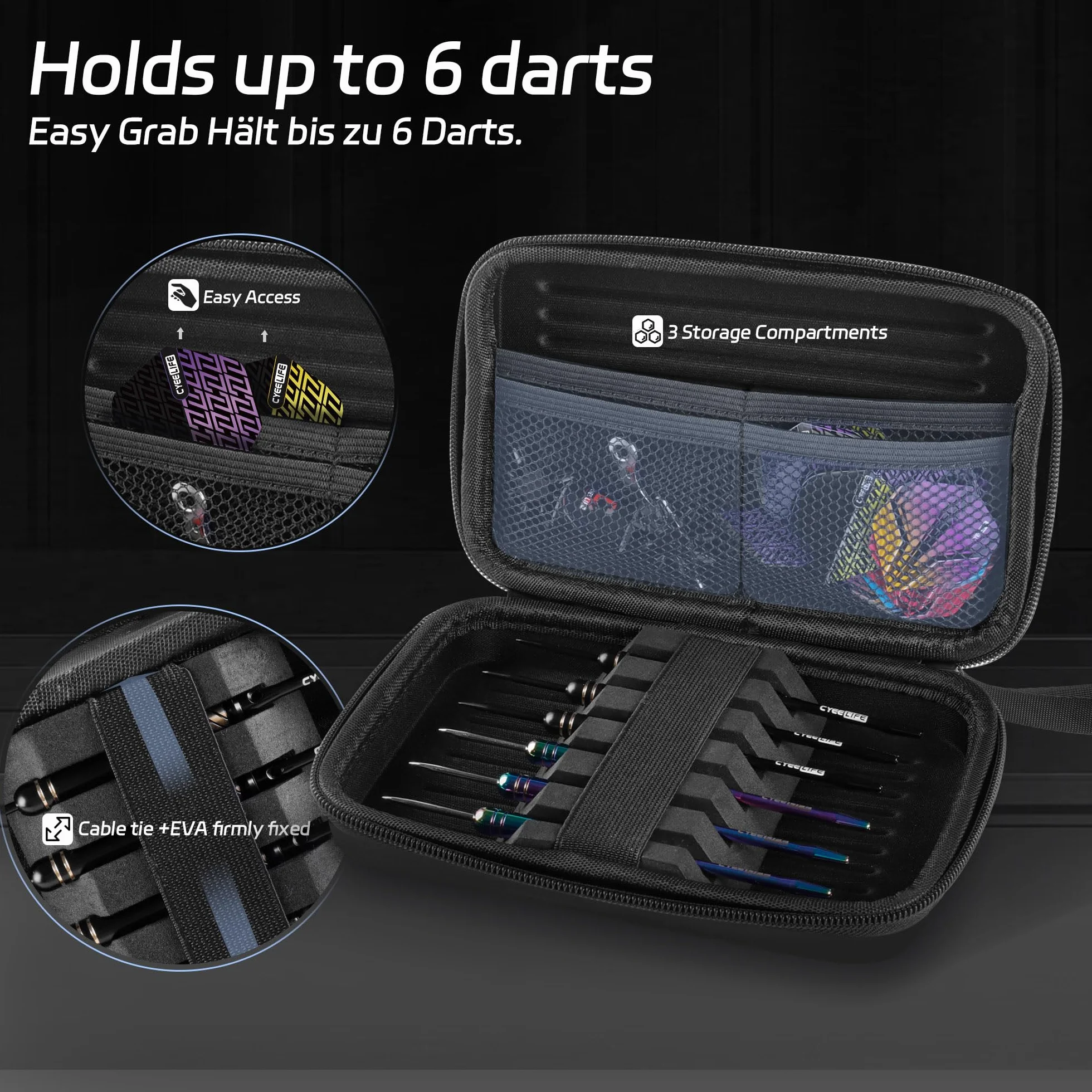 CyeeLife Set de Fléchettes Professionnel 20g Acier avec Dart Case, 6 Tiges Alu, 12 Vols, 20 Anneaux Anti-Dévisageage