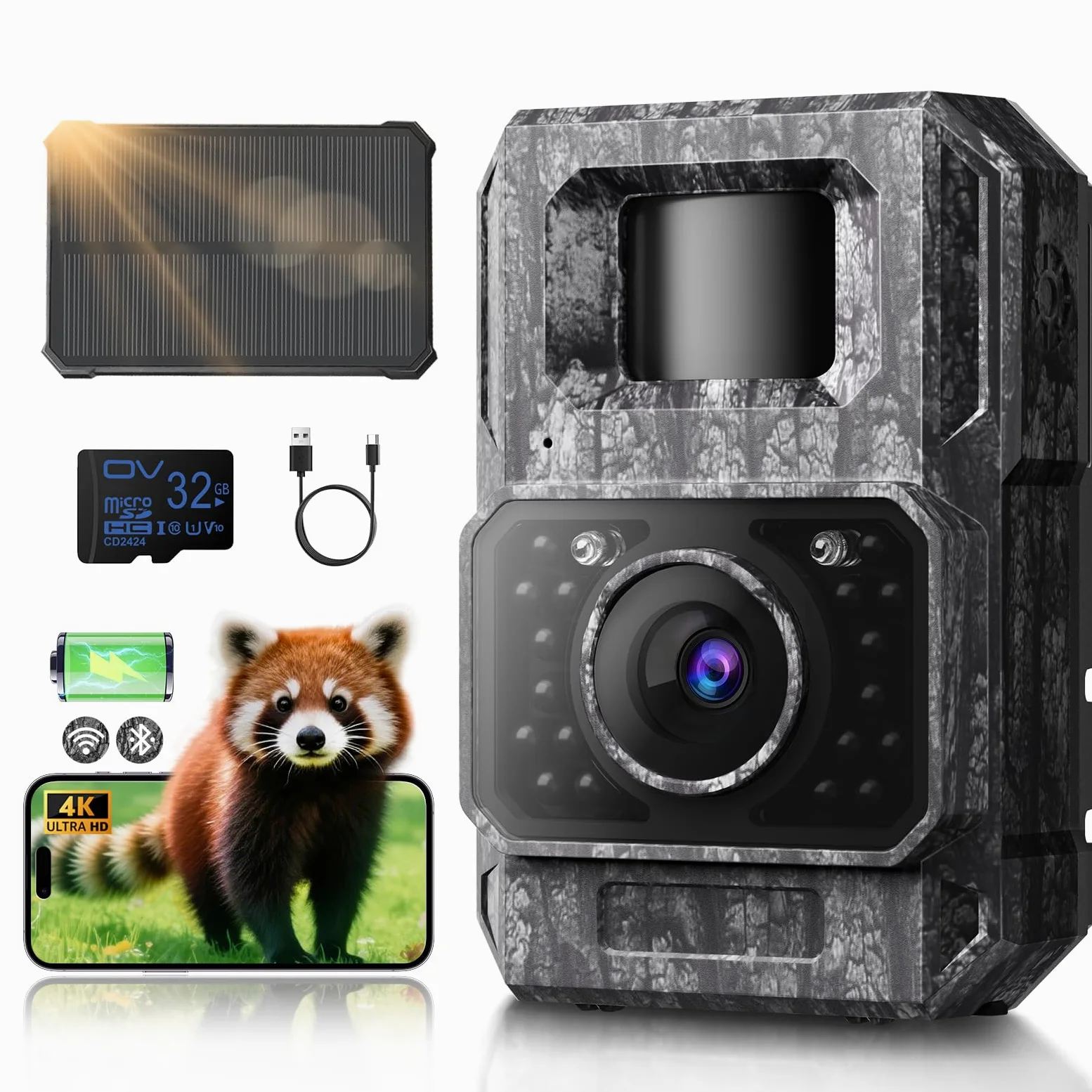 MAXDONE Caméra de chasse solaire Wi-Fi avec application de transfert de téléphone portable, caméra de chasse 4K 64 MP avec vision nocturne, batterie au lithium 6000 mAh, déclencheur 0,1 s, activé par