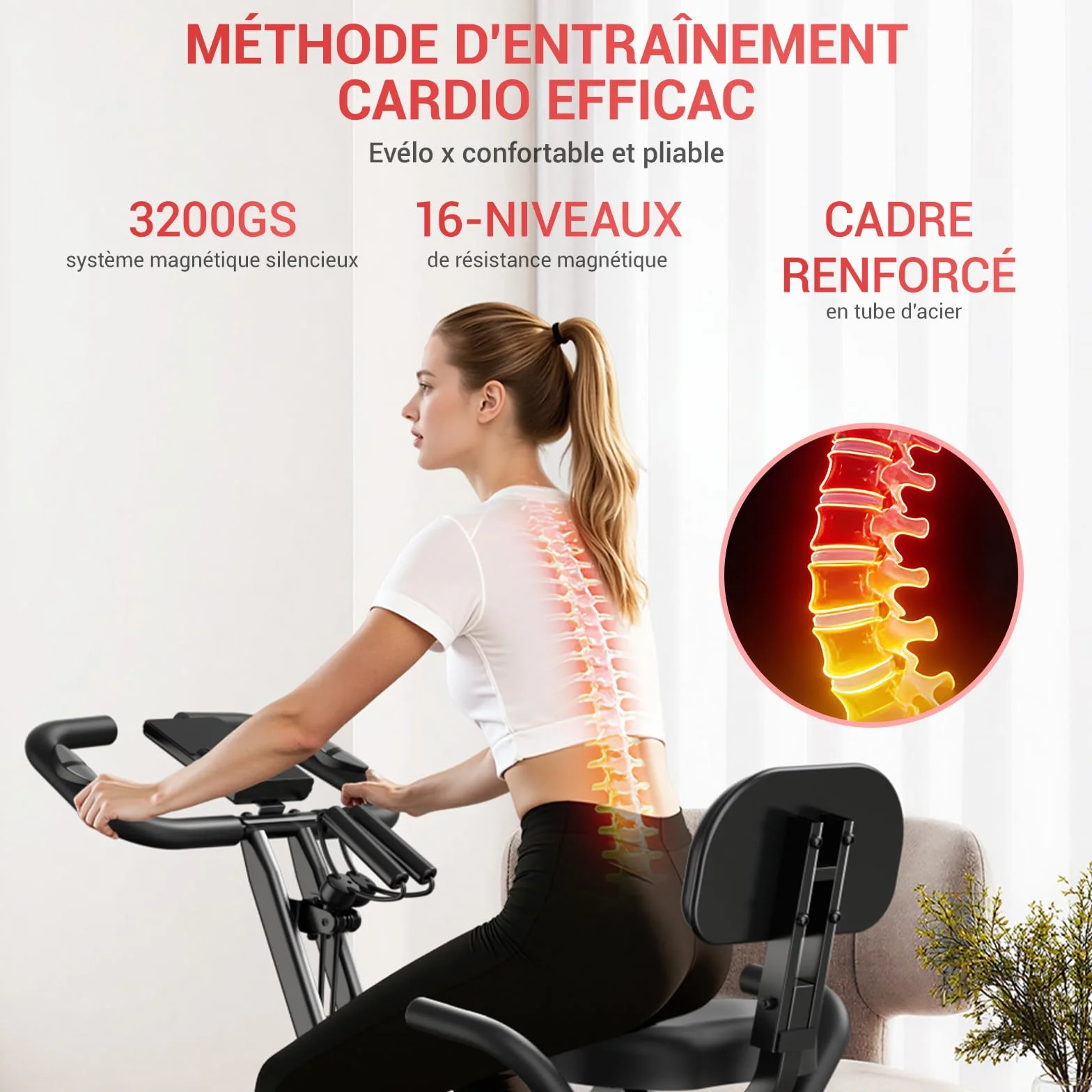 Vélo d'appartement pliable CURSOR 5-en-1, résistance silencieuse 16 niveaux, écran LED, cardiofréquencemètre
