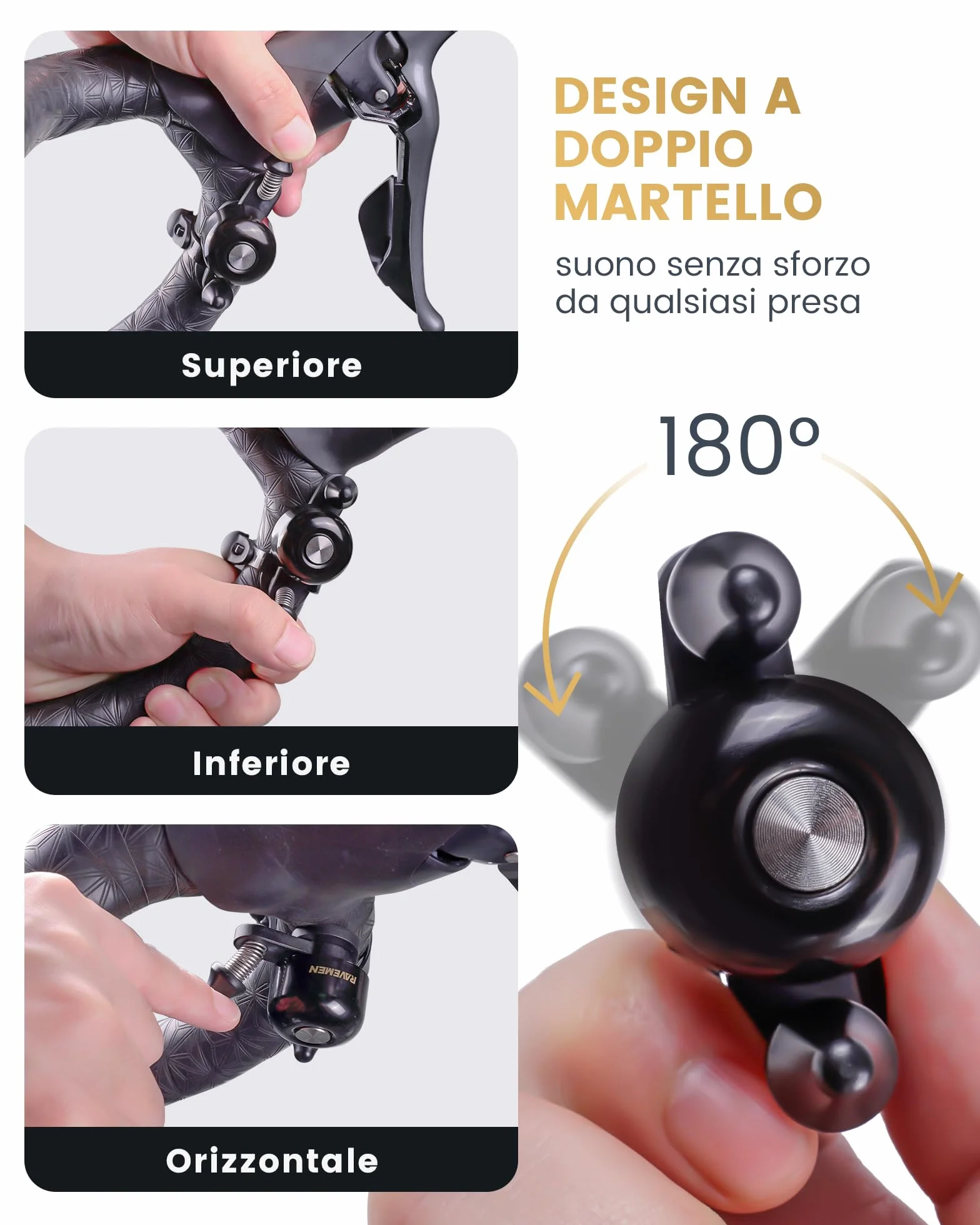 RAVEMEN Q3 Sonnette de Vélo de Route 90-100 DB Double Marteau Compatible Guidons 47 mm Laiton Étanche