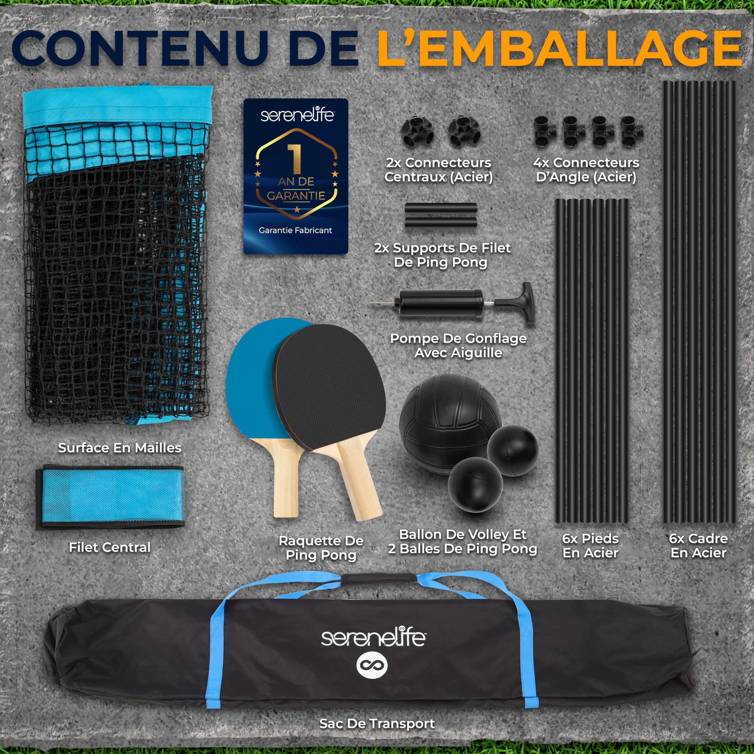 SereneLife Table de Ping-Pong Portable 240 cm avec Cadre Acier Revêtu Anti-rouille, Jeu Hand Pong Intérieur/Extérieur