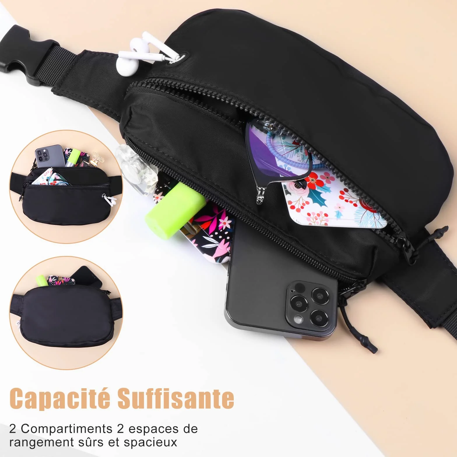 Vinabo Sac Banane Homme Femme avec Prise Casque et 2 Poches Chic Ceinture Réglable pour Taille Randonnée Camping