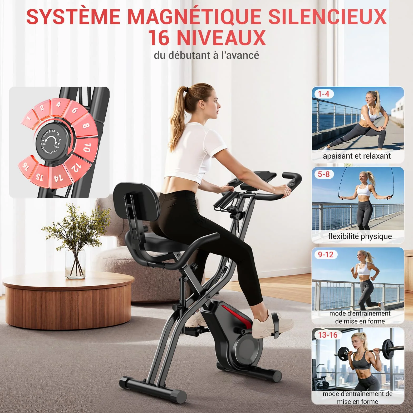 Vélo d'appartement pliable CURSOR 5-en-1, résistance silencieuse 16 niveaux, écran LED, cardiofréquencemètre