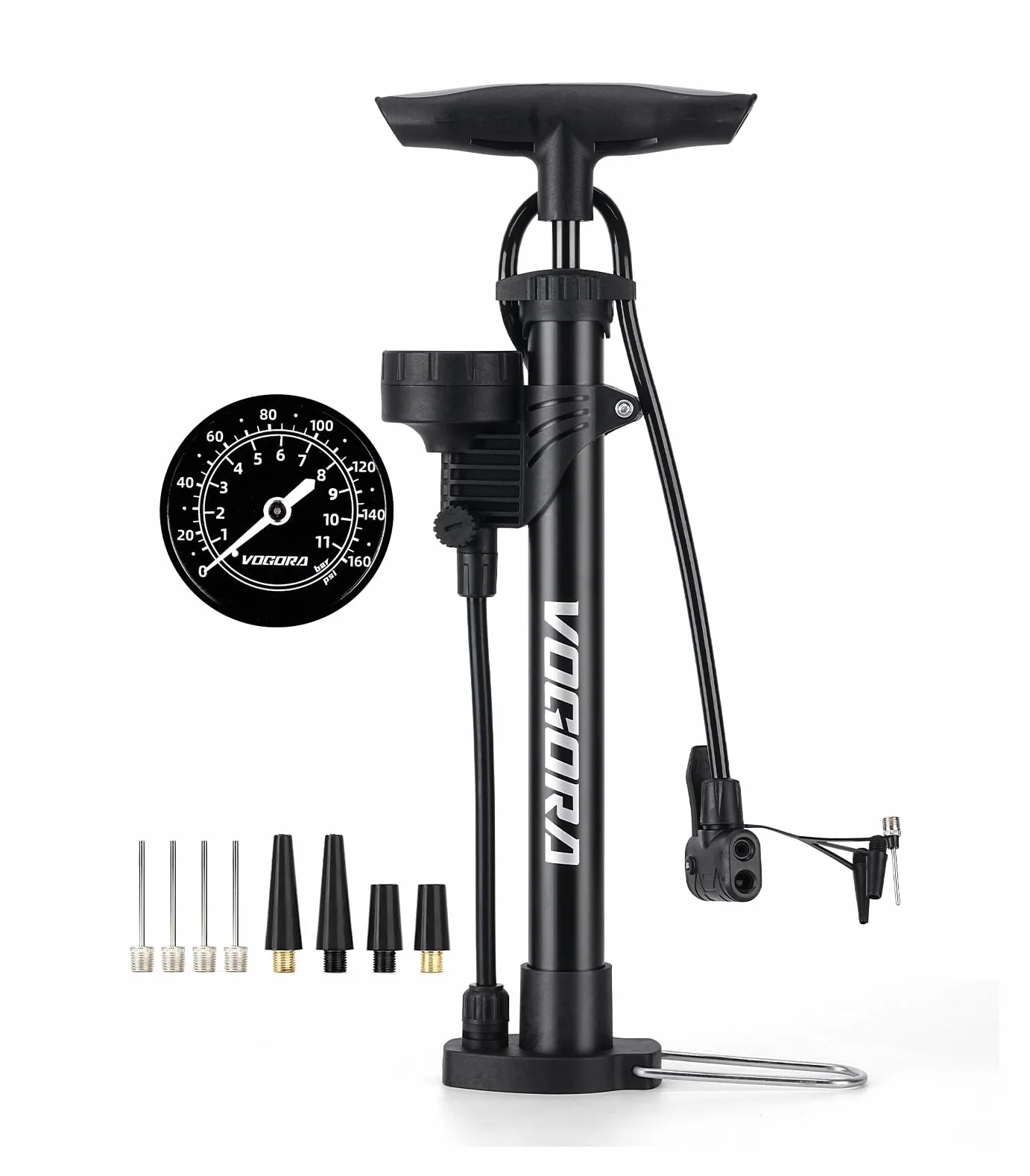 Pompe à vélo VOGORA avec Manomètre, Presta & Schrader, Gonflage Rapide Vélos Route & VTT