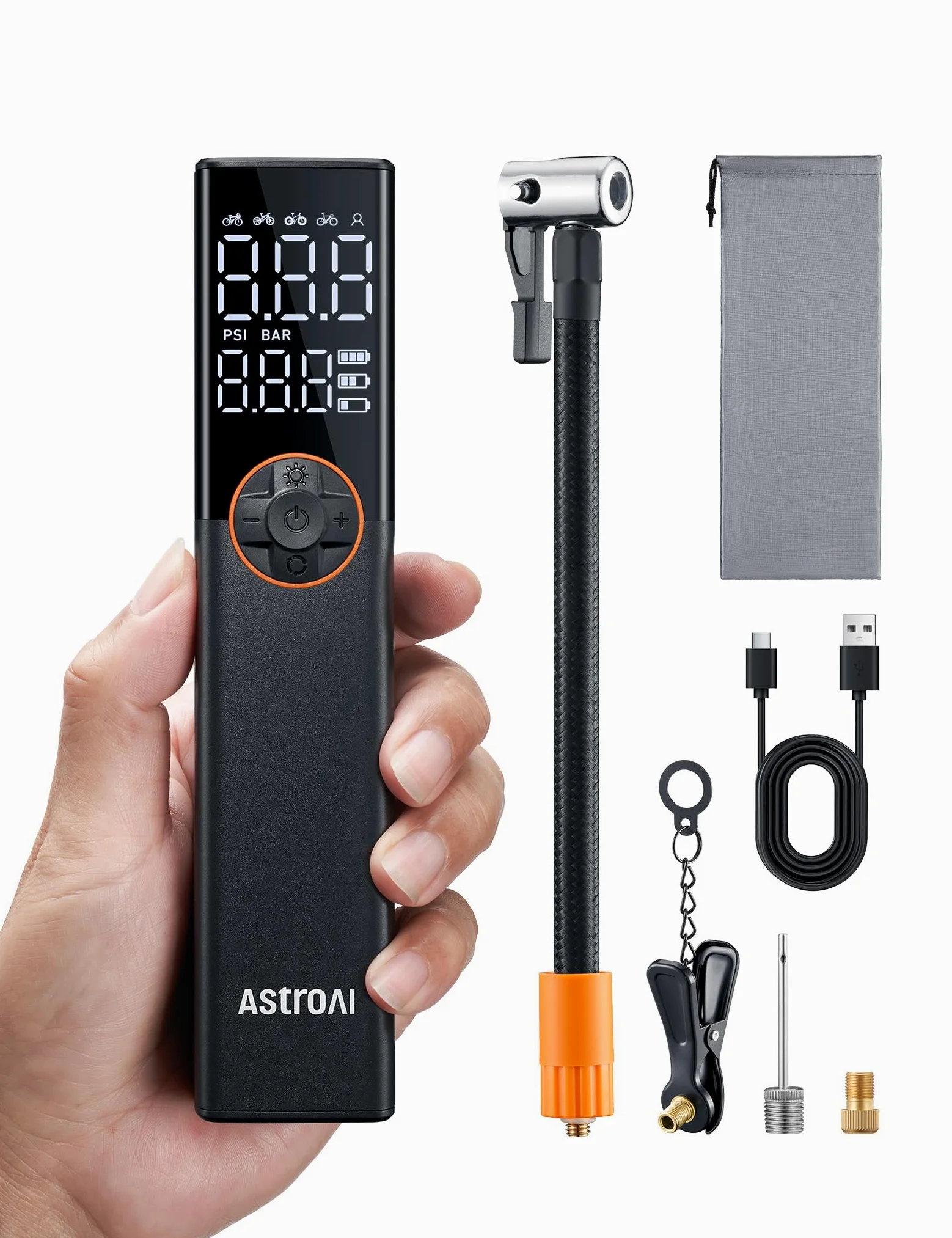 AstroAI Pompe à vélo électrique, mini pompe à vélo portable rechargeable 150 PSI pour toutes les valves, moteur haute tension spécialement conçu pour les vélos, convient à tous les vélos