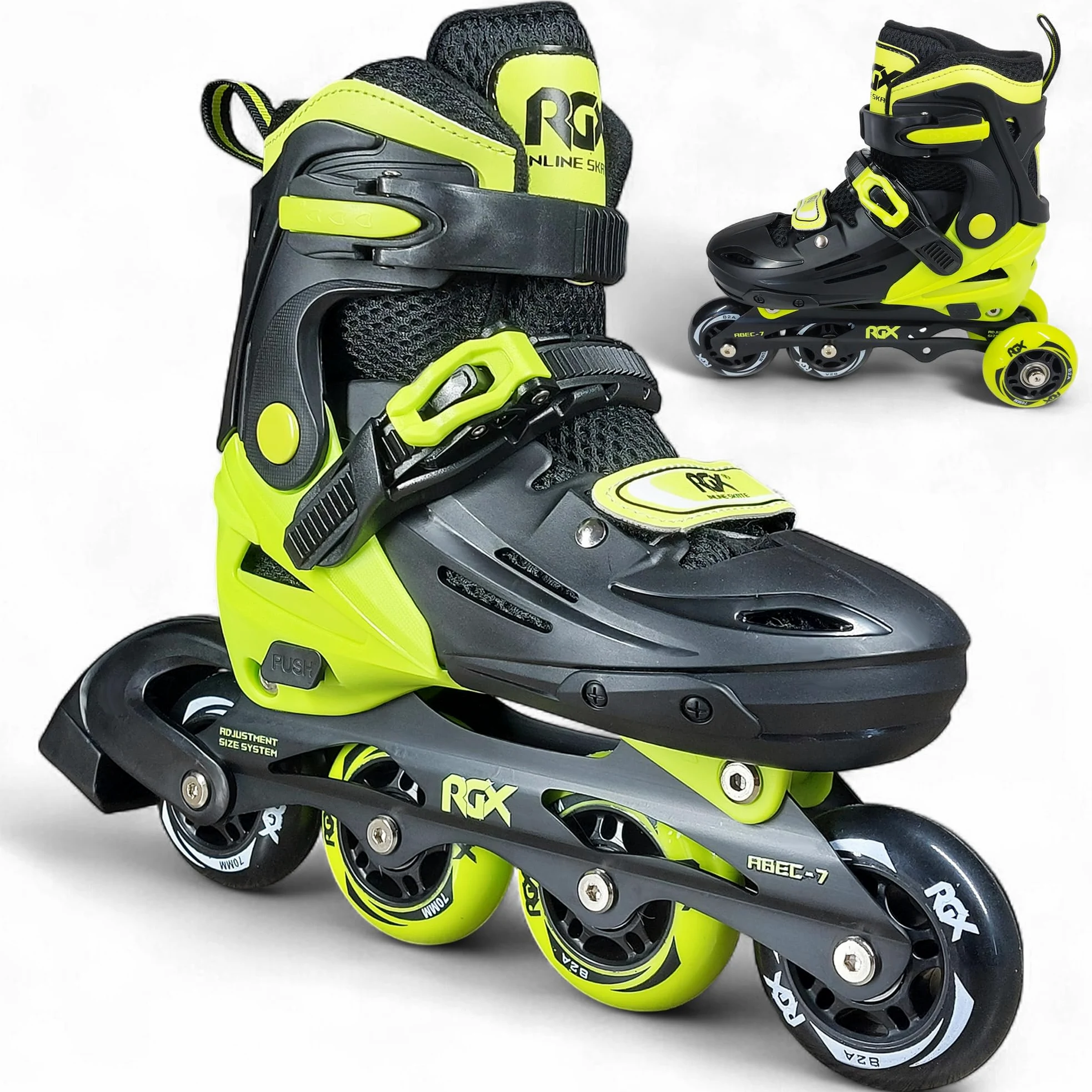 WeLLIFE RGX Patins en ligne réglables pour enfants et adolescents 4 tailles | Double configuration des roues pour débutants | Coque rigide et doublure en velours | plaque aluminium | roulements ABEC-7