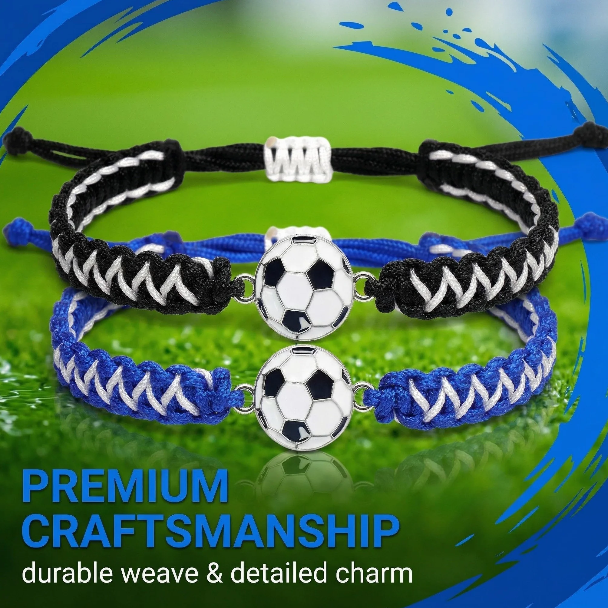 Bracelets Football Tressés pour Garçon Lot de 2 Ajustable 14-28cm Noir/Blanc Bleu/Blanc