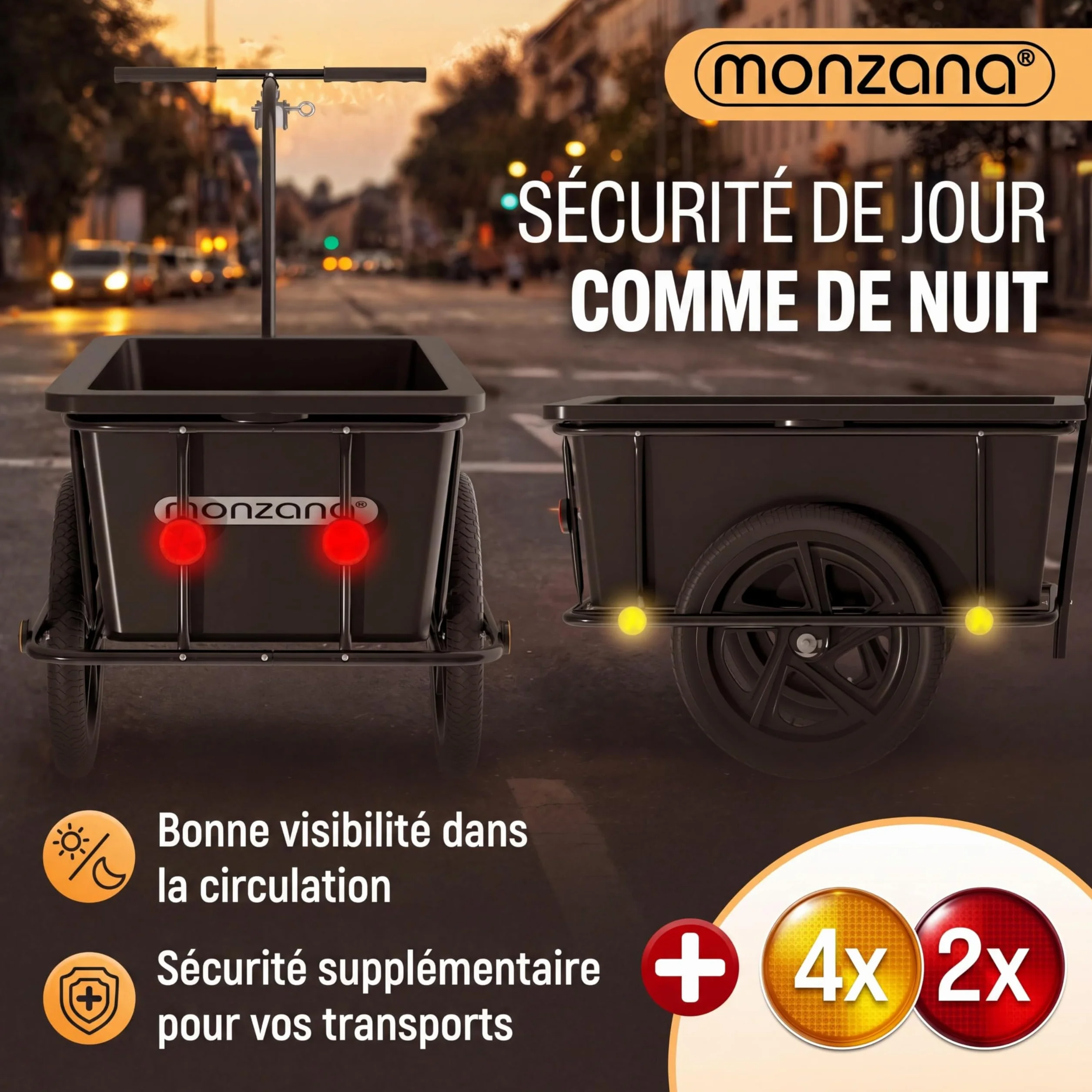 MONZANA Remorque Vélo Cuve 90L Amovible Bâche Barre Attelage Rotatif Réflecteurs Transport Chariot 80kg