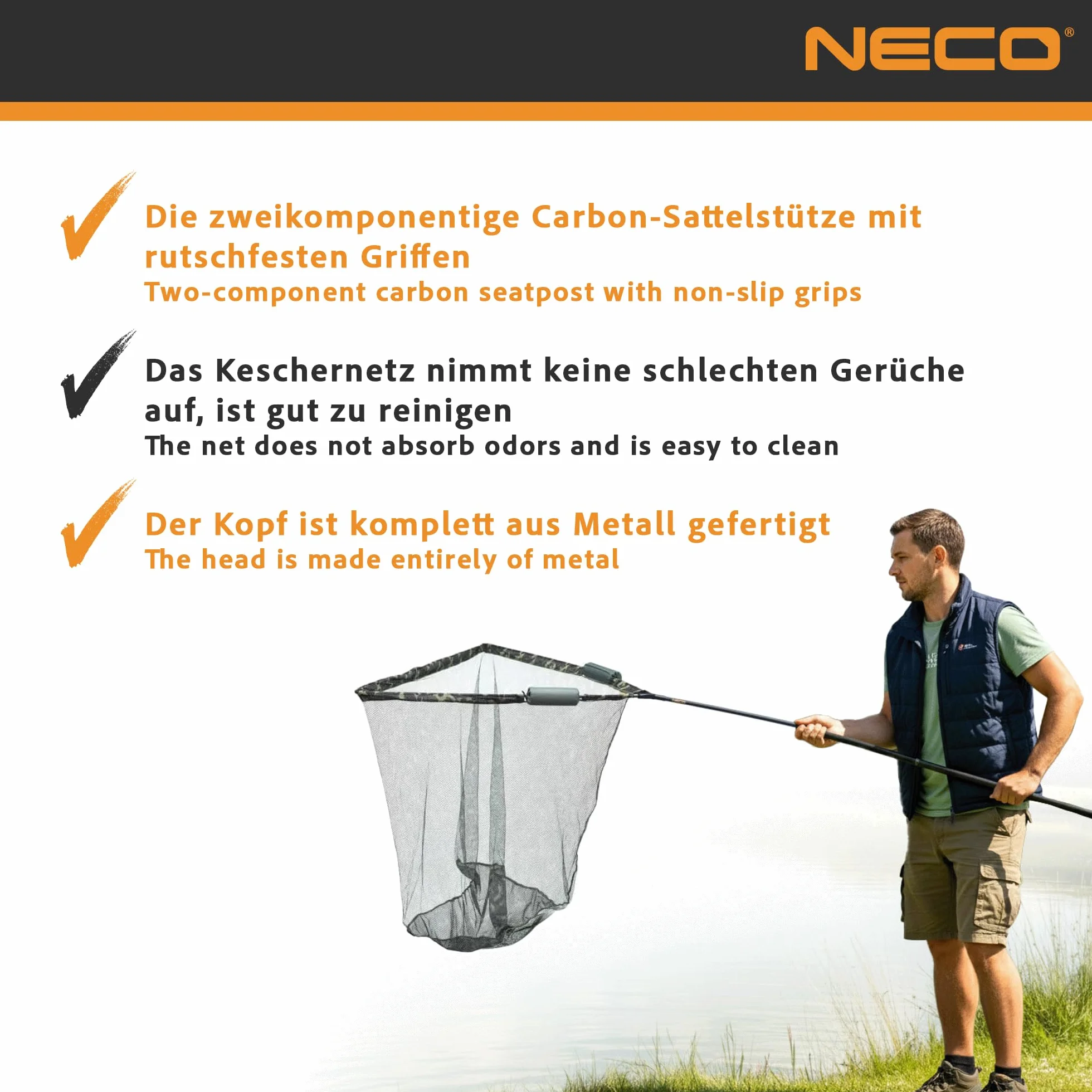 NECO Épuisette à Carpe 100x100 cm avec Flotteurs - Grand Filet Pliable et Léger avec Étui, Panier Profond pour la Pêche aux Poissons et Carpes (70202)