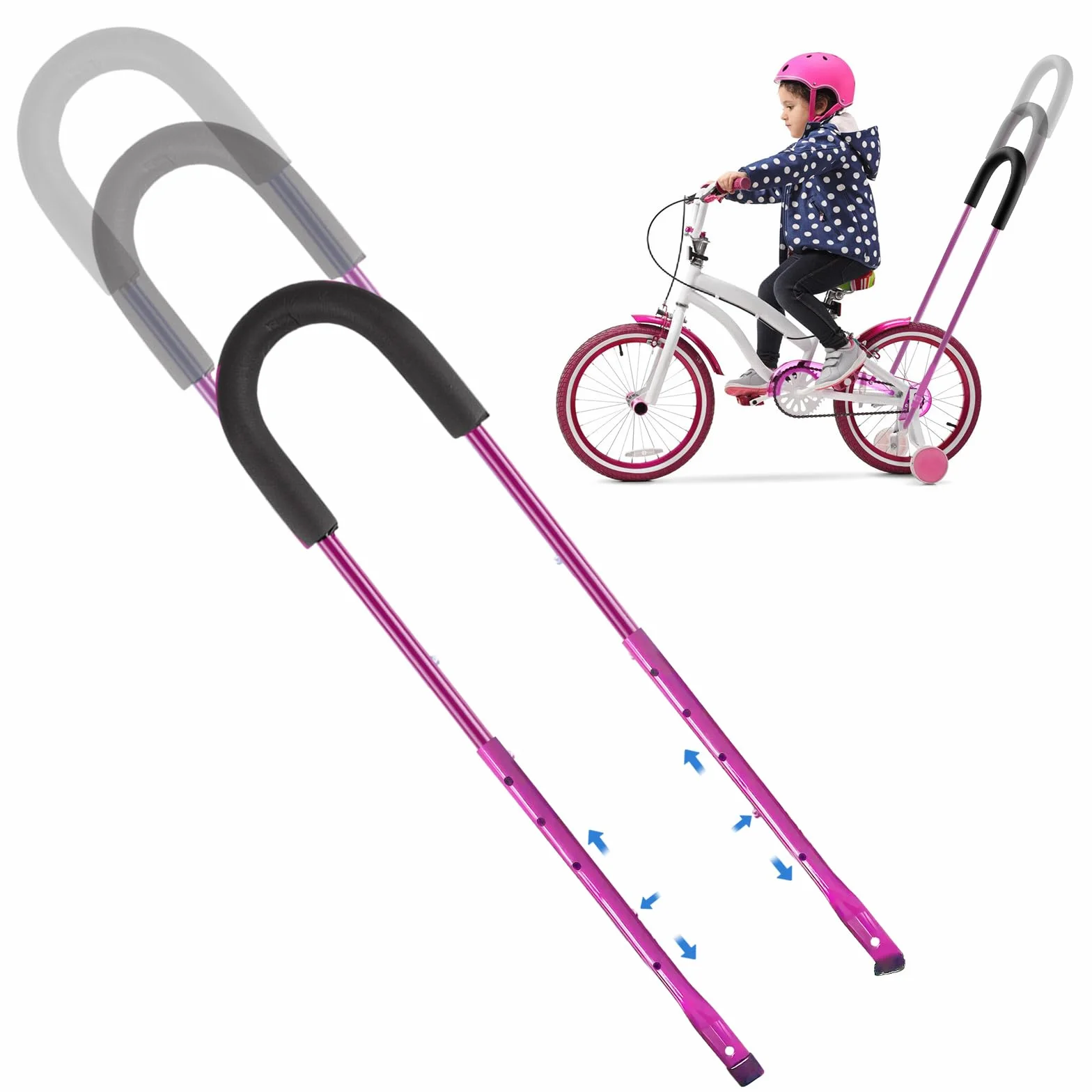 PORFOYO Barre de Poussée pour Vélo Enfant, Poignée d'Apprentissage, Accessoire Cyclisme Sécurité (Rose)