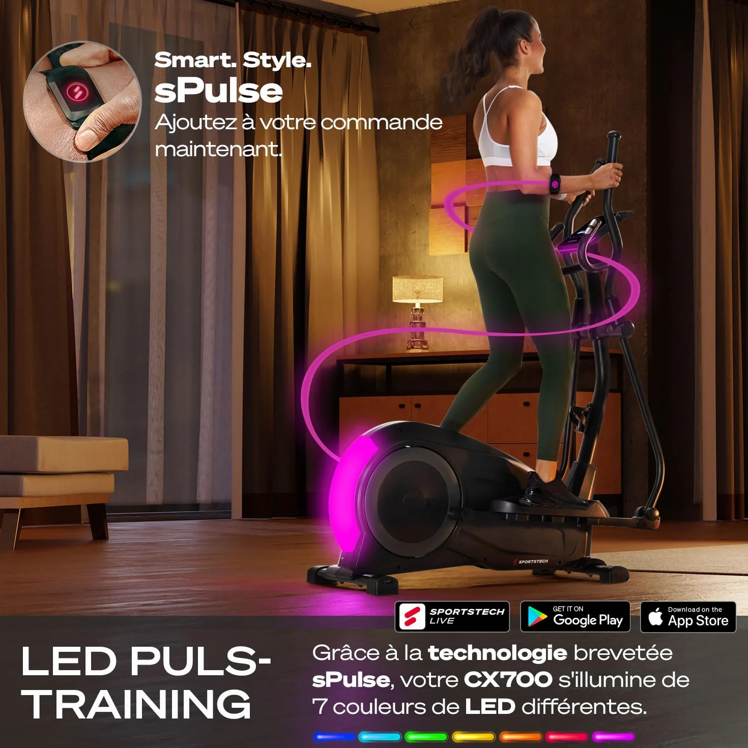 Sportstech CX700 Vélo Elliptique avec Technologie LED, Frein Magnétique 24 kg, 12 Programmes