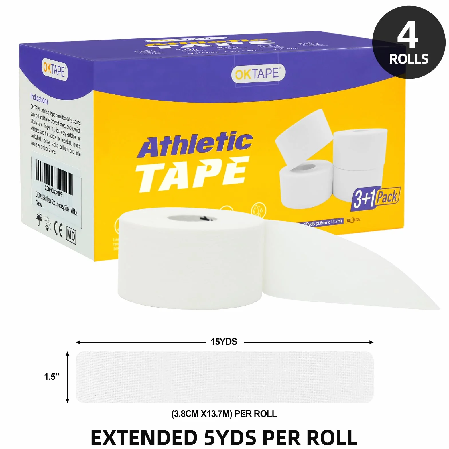 OK TAPE ruban adhésif sportif athlétique 3,8 cm x 13,7 m Blanc 4 Rouleaux