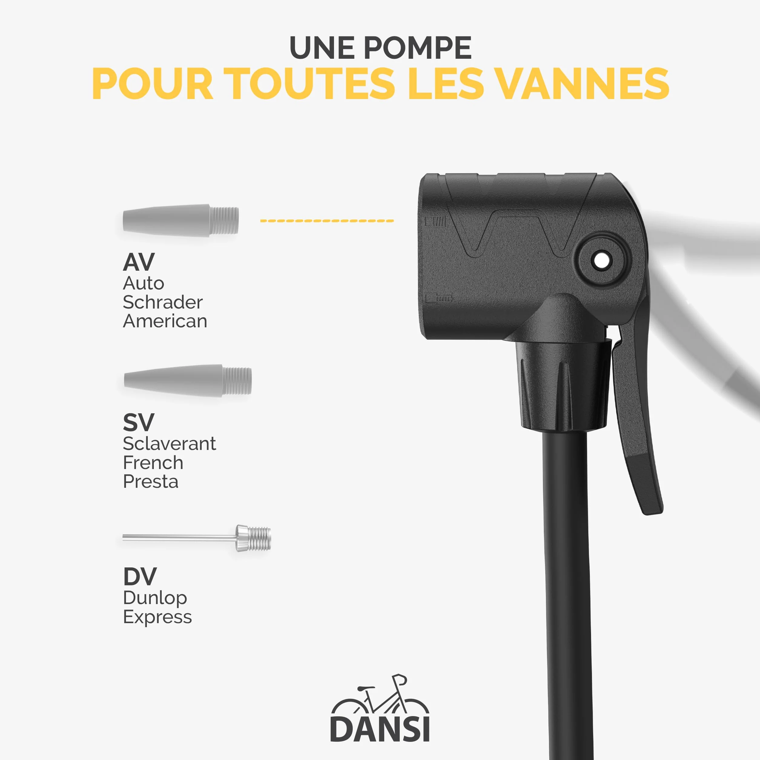 DANSI Pompe à vélo à Pied Toutes valves AV, SV, DV avec Grand manomètre