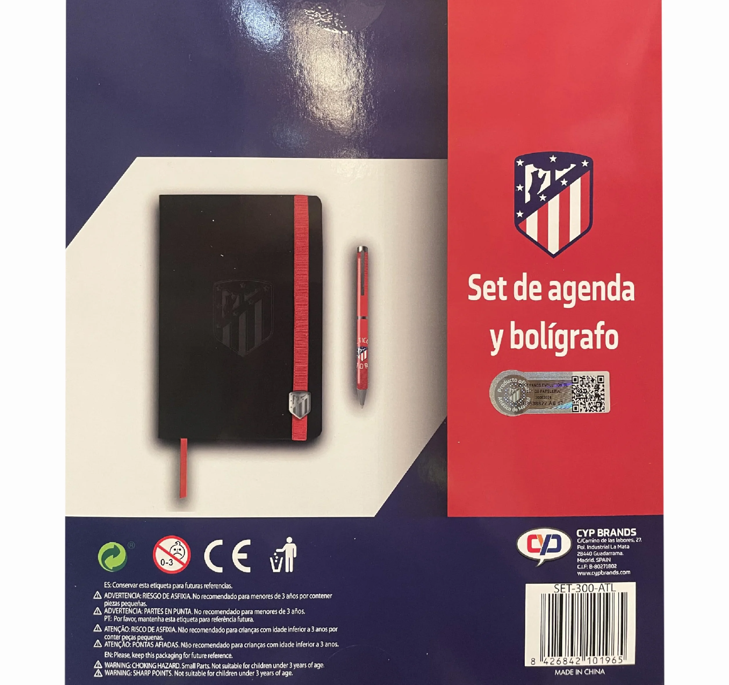 Atlético de Madrid - Pack cadeau, agenda, stylo, set d'agenda et stylo, écriture, football, couleur noire, produit officiel (CyP Brands)