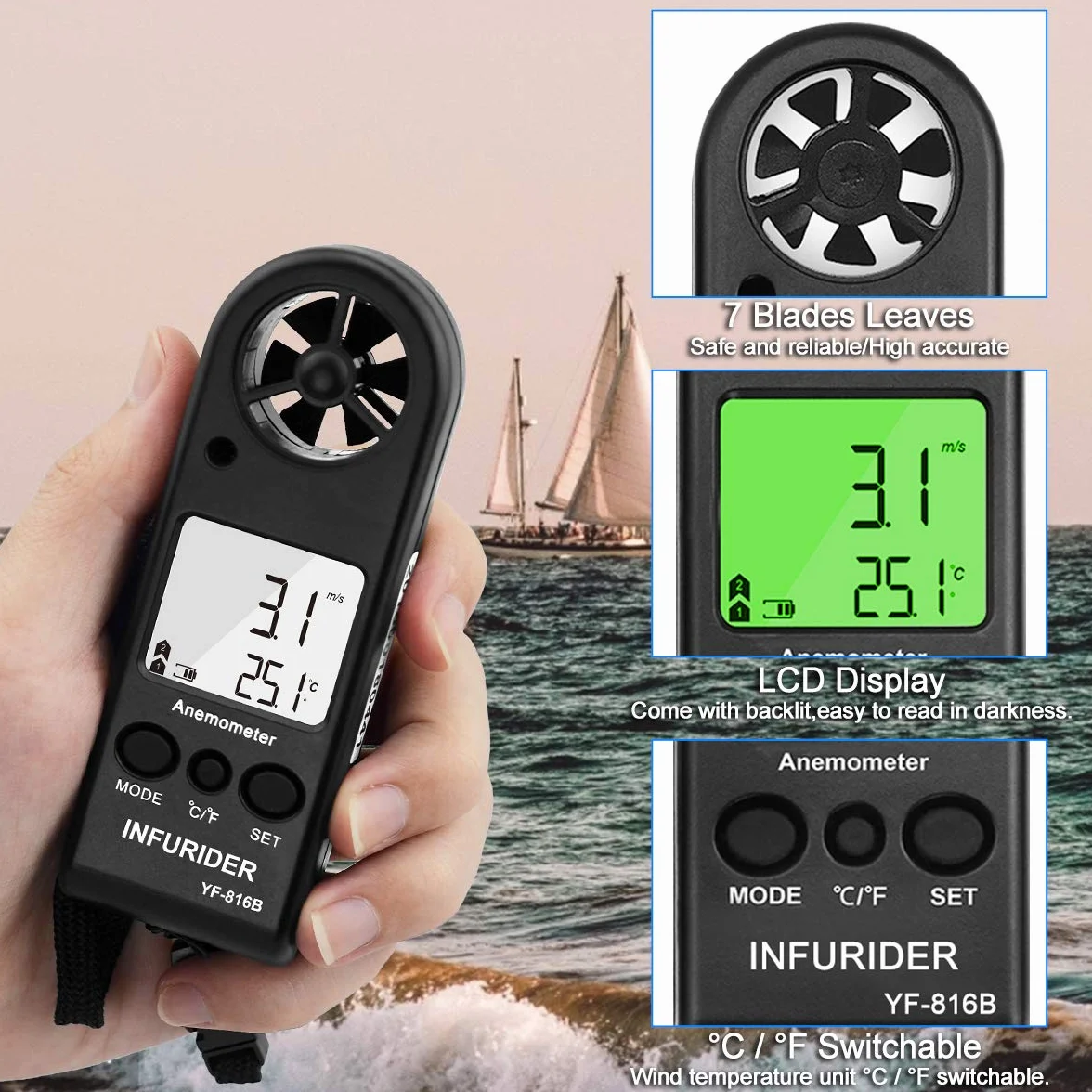 Anémomètre Numérique Portable INFURIDER YF-816B Compteur Vitesse LCD Rétroéclairé Température MAX/AVG 2 Pack