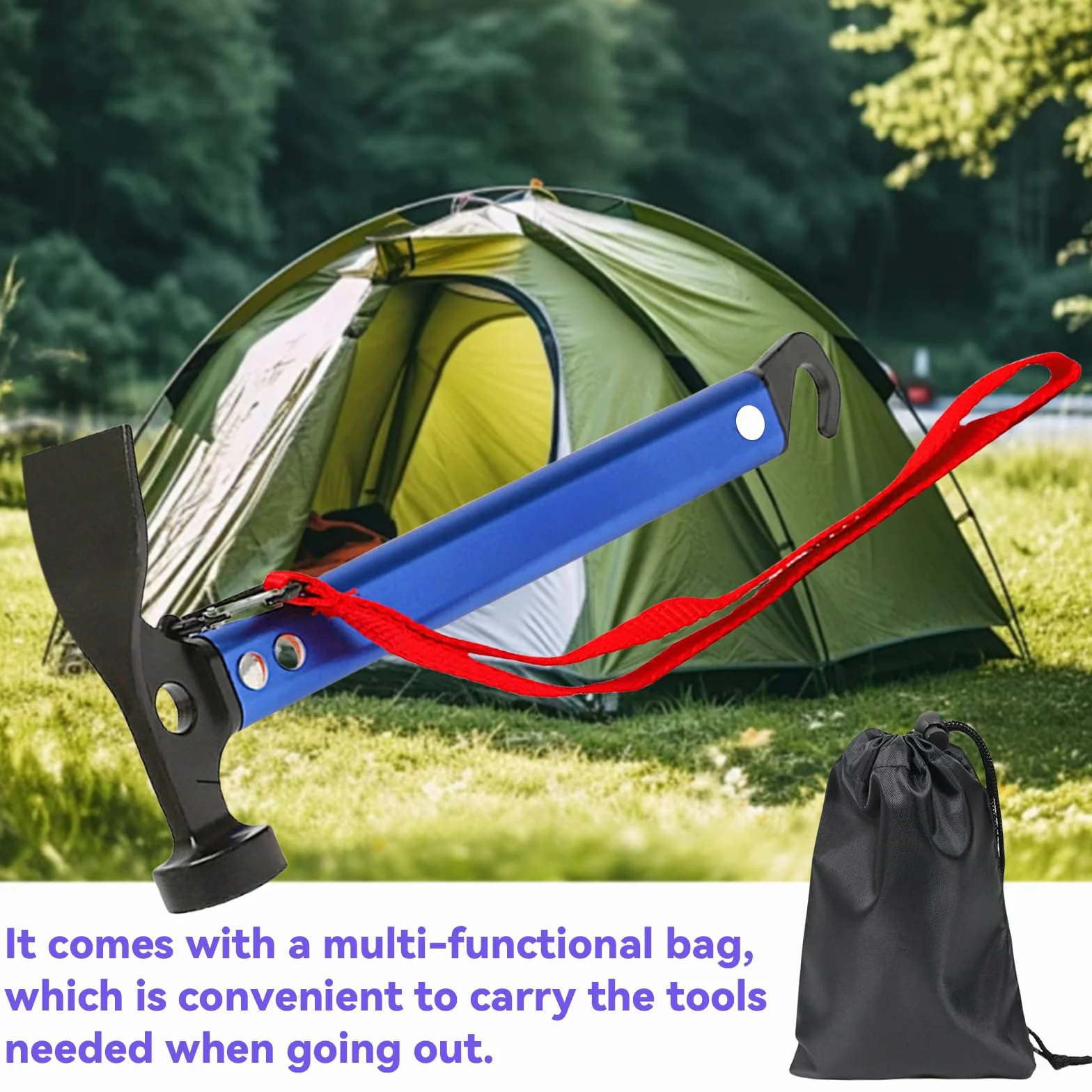 Marteau de camping en aluminium 30,5 cm avec crochet et mini houe multifonctionnel bleu sac de rangement