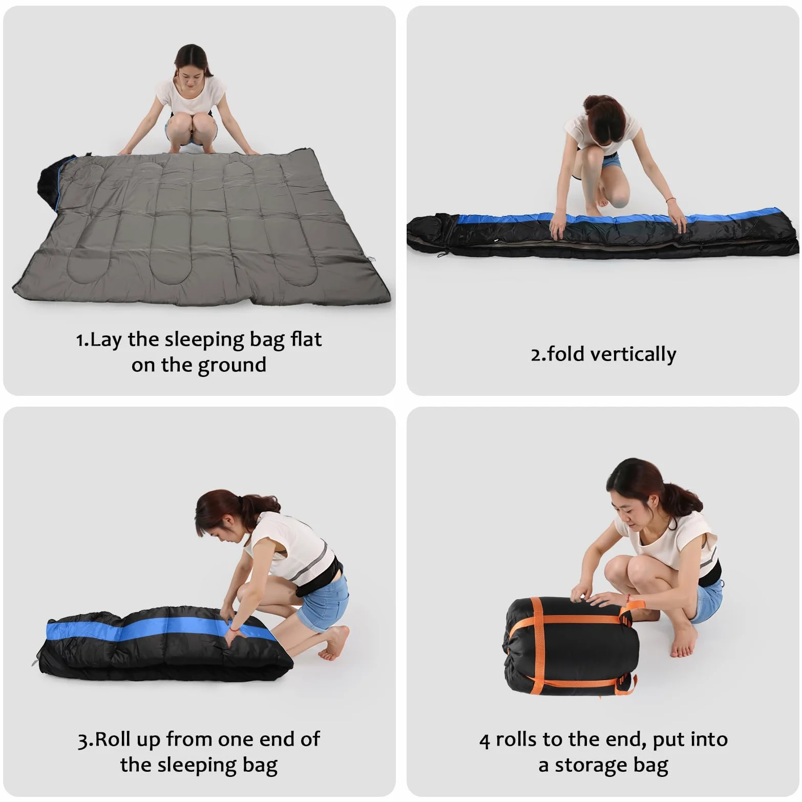 Sac de couchage 3-4 saisons pour adultes et enfants, léger et compact, lavé à l'eau pour le camping, la chasse, etc. (noir et orange)