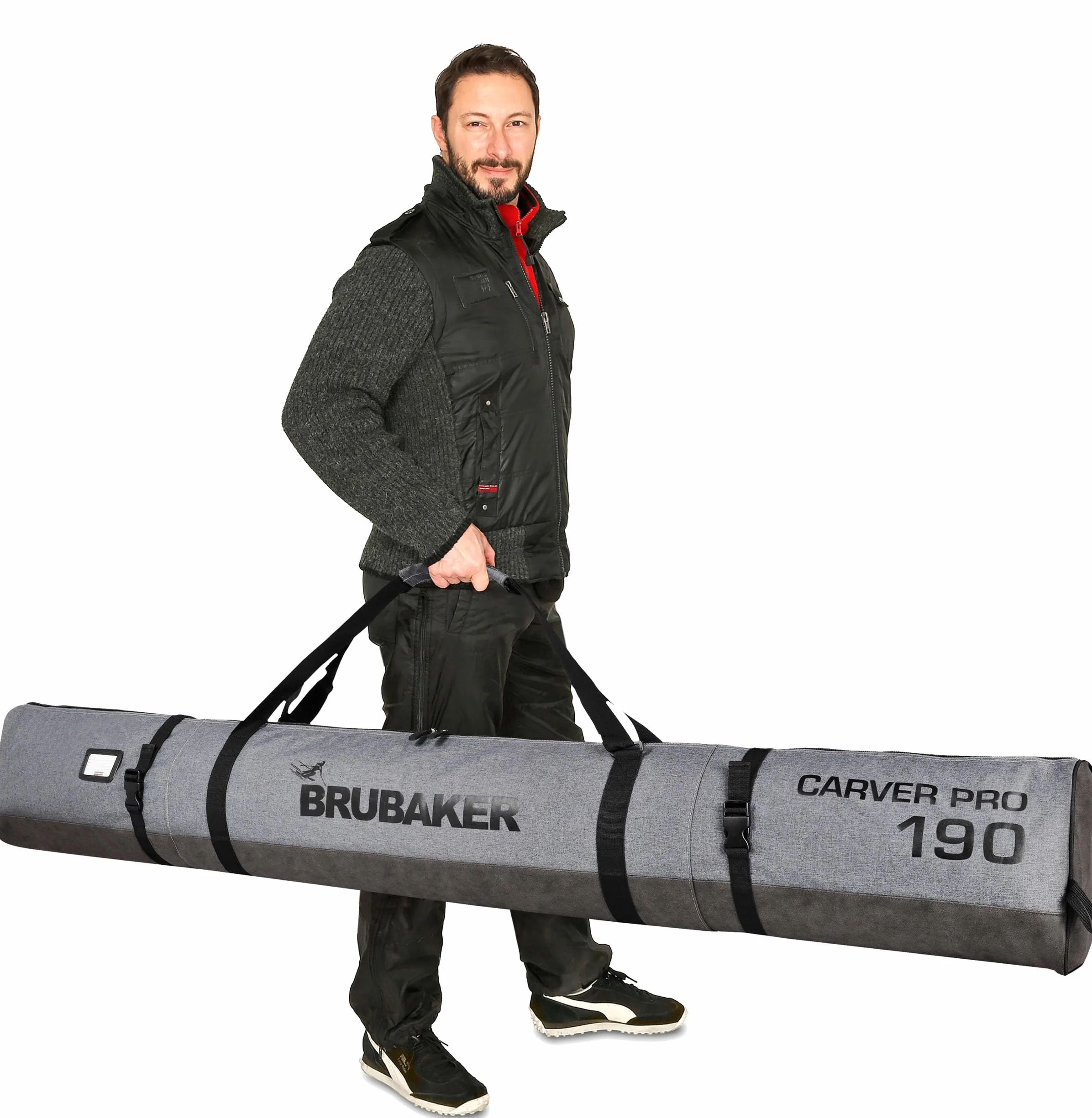 BRUBAKER Set de Ski Carver Performance Housse à Skis Sac à Chaussures Ski 1 Paire Skis Bâtons Chaussures Casque Gris chiné Noir