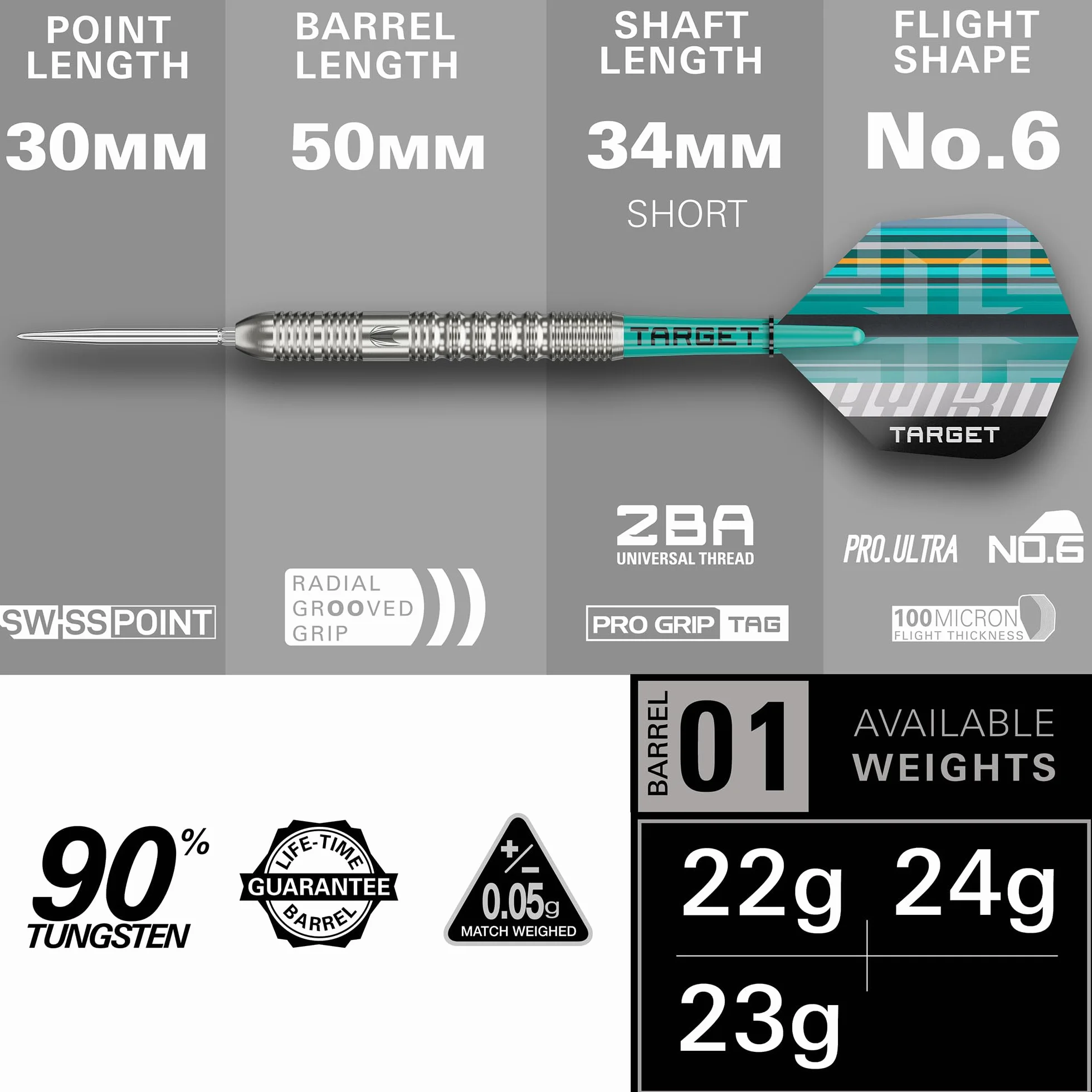 Target Darts Hydro Jeu de Fléchettes à Pointe en Acier 21G-26G 90% Tungstène Swiss Point Argentées