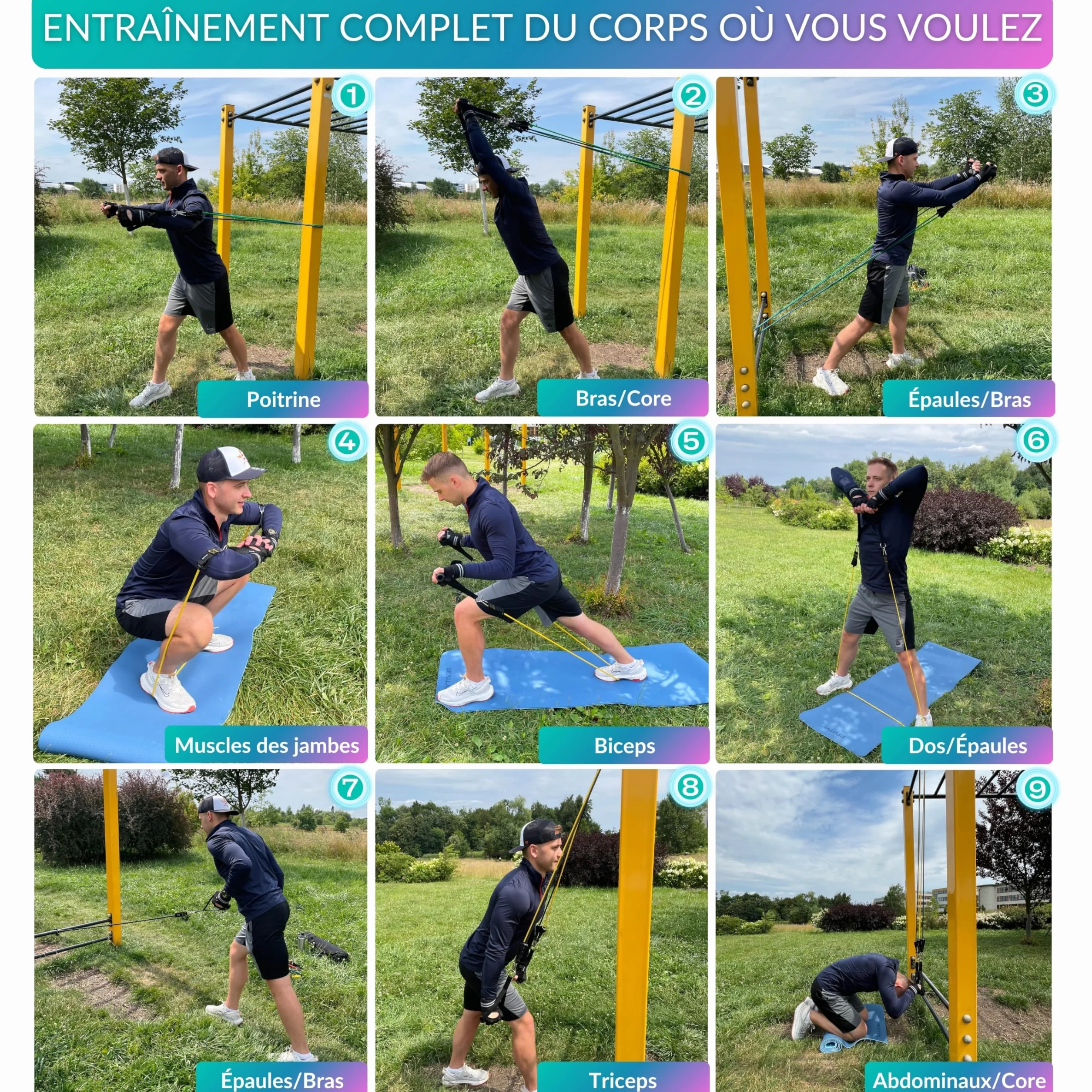 Elastique Musculation Kit 5 Pièces - Bande de Résistance avec Poignées pour Entraînement Fitness à la Maison