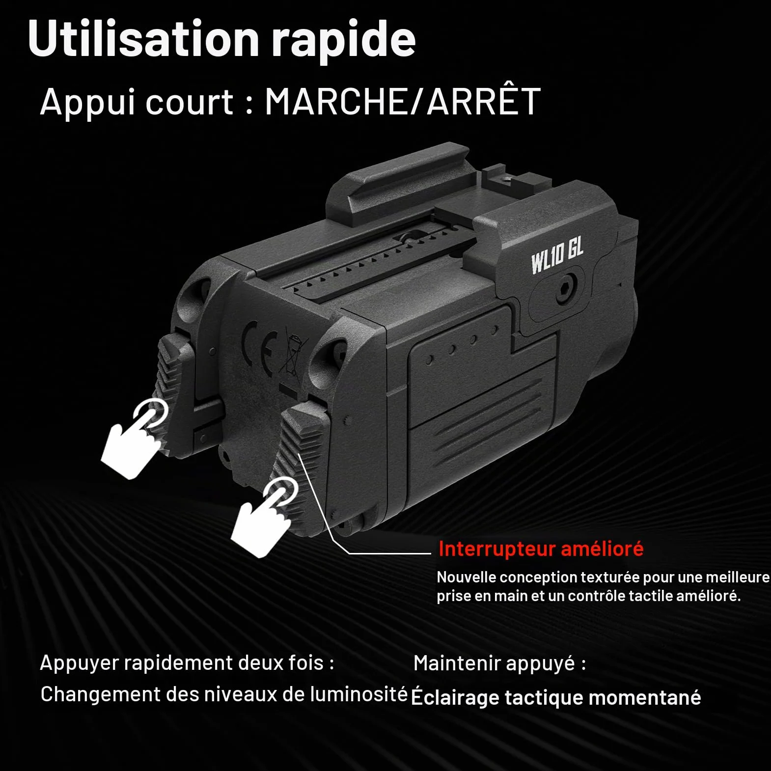 AIMWIN WL10 GL Lampe LED Tactique 900 Lumens Indicateur Vert Recharge Magnétique Montage Rail Universel