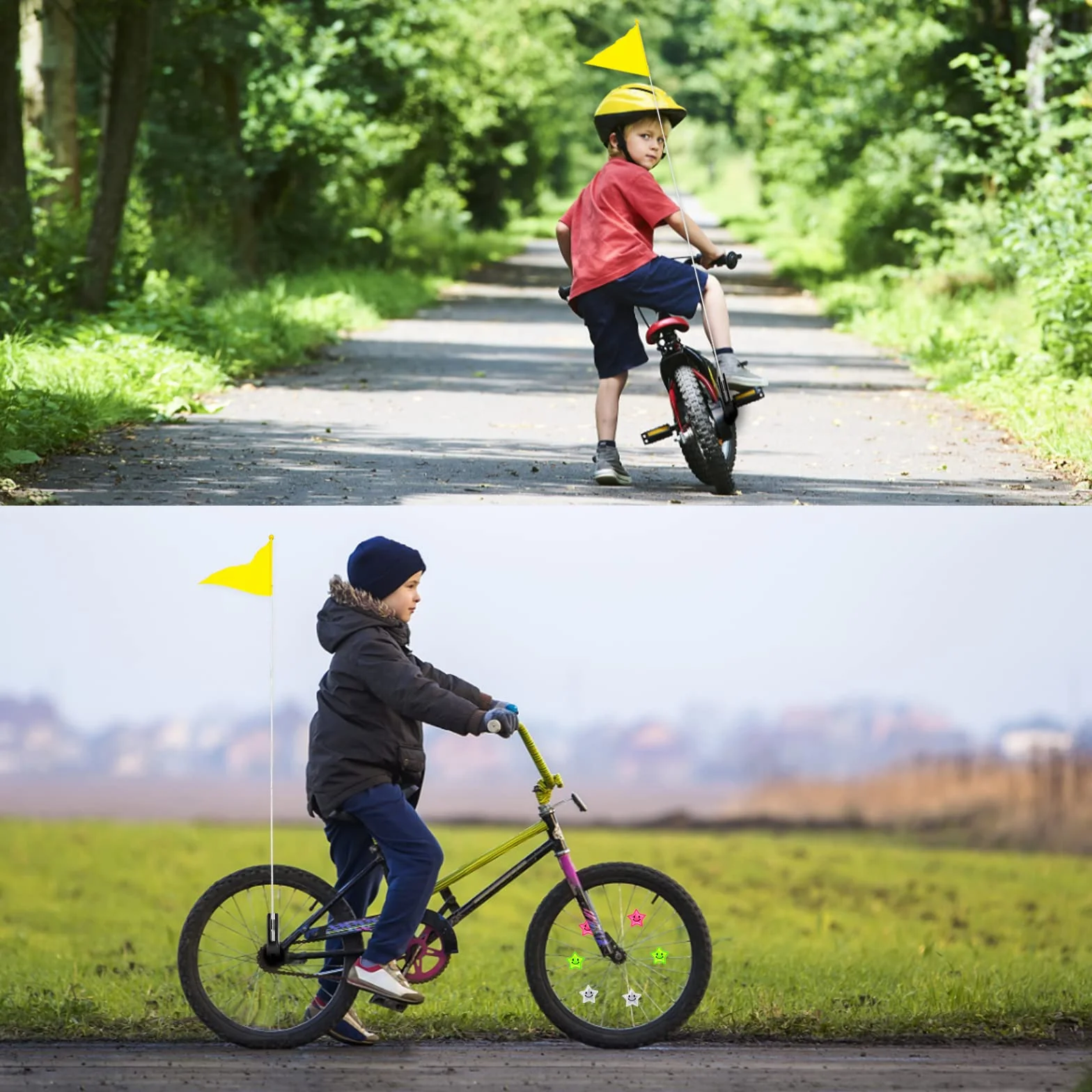 Drapeau Triangulaire de Sécurité Haute Visibilité pour Vélo Enfant avec Autocollants Réfléchissants, Jaune