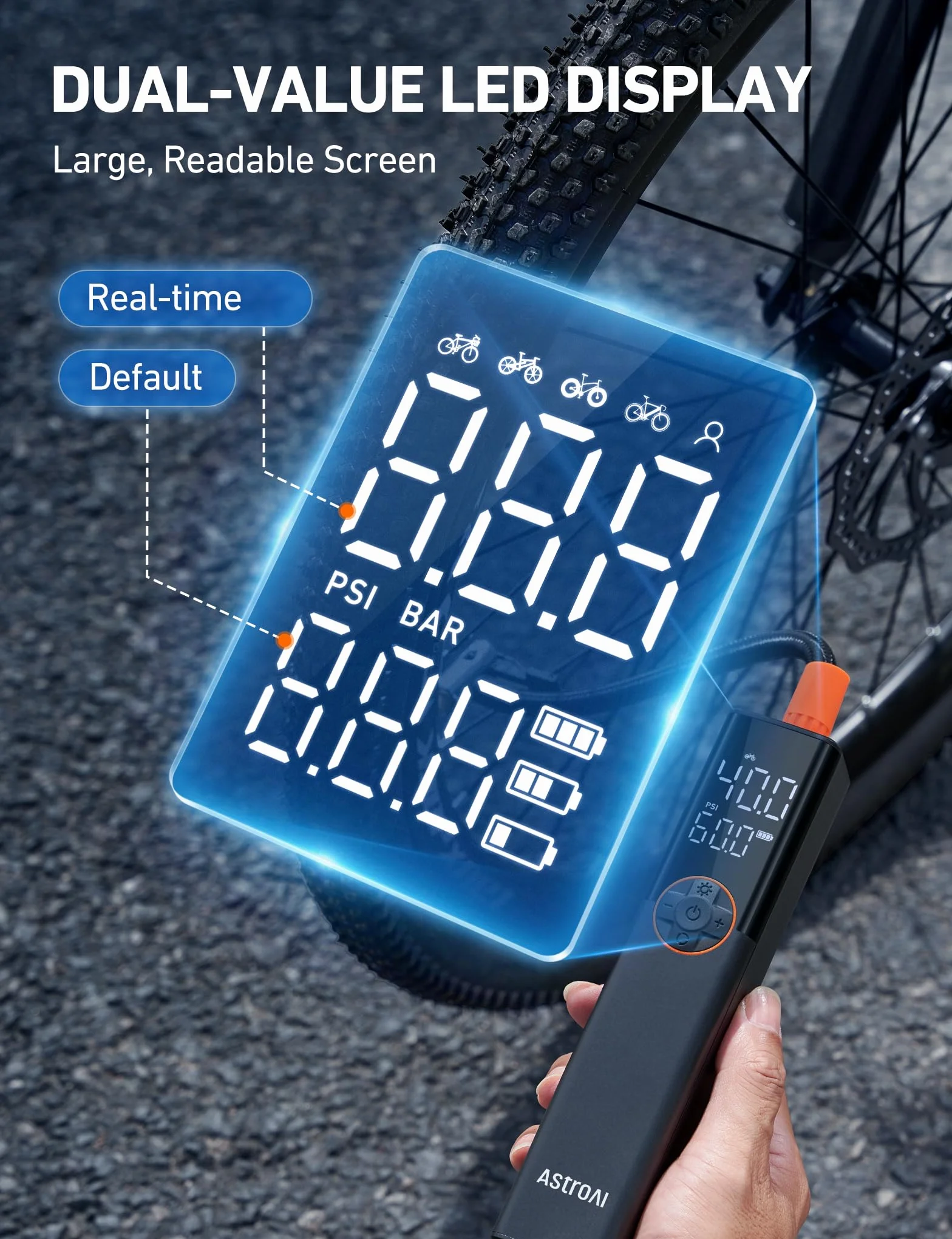 AstroAI Pompe à vélo électrique, mini pompe à vélo portable rechargeable 150 PSI pour toutes les valves, moteur haute tension spécialement conçu pour les vélos, convient à tous les vélos