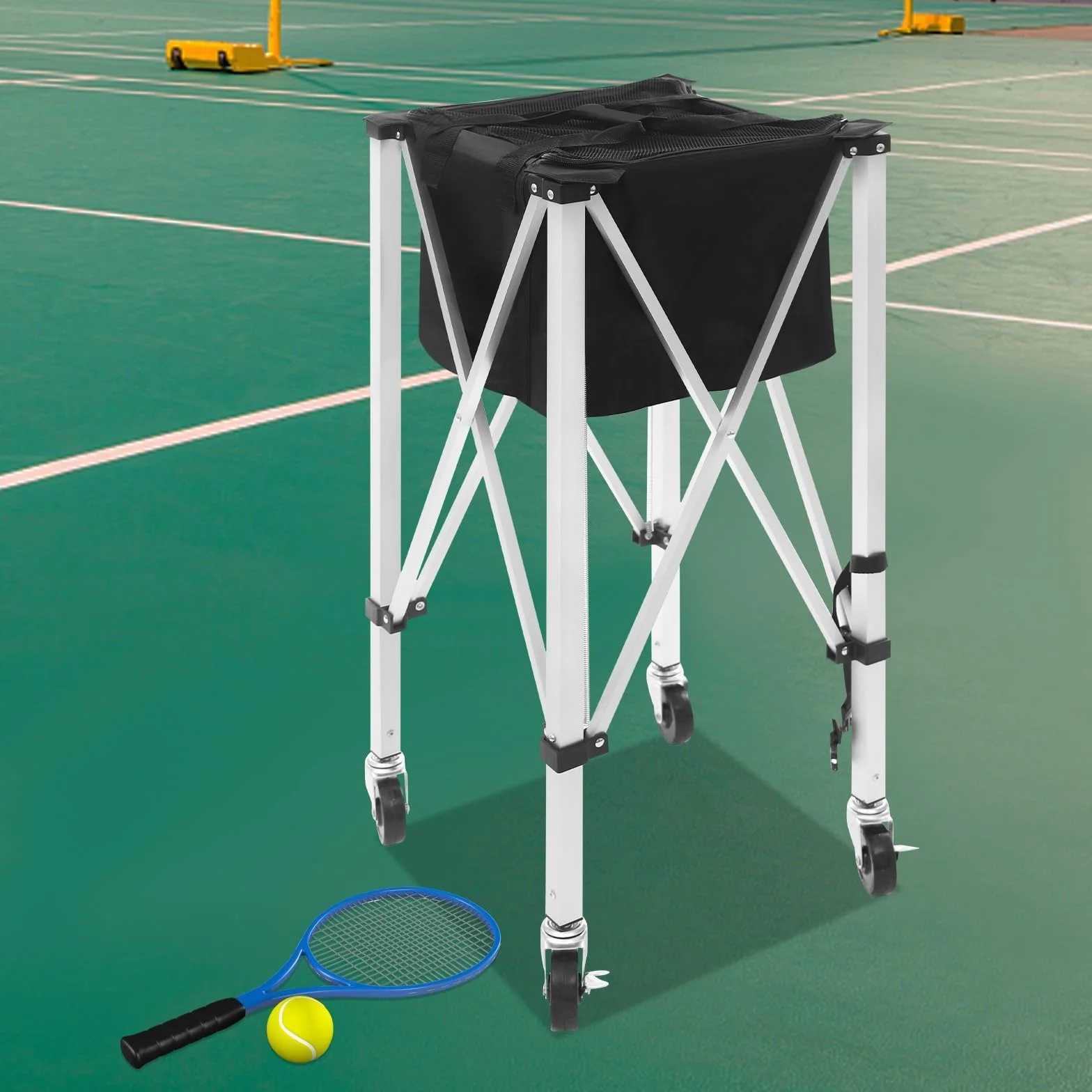 Panier à balles de tennis pliable avec roues pour balles de 150 à 170 balles en aluminium Oxford pour courts de tennis, écoles, parcs à la maison, avec poignée de transport pratique