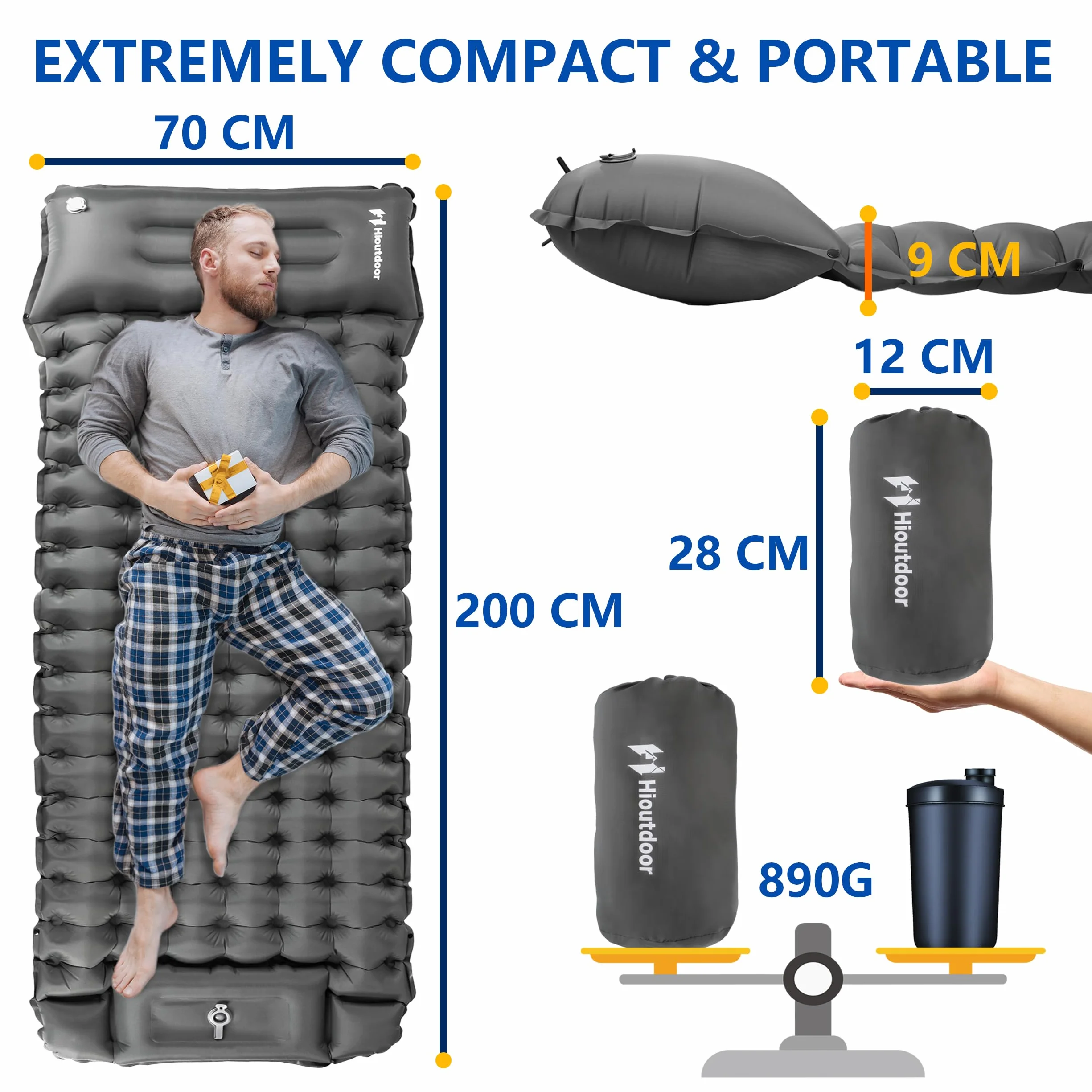 Hioutdoor Matelas Gonflant 10cm Camping Ultra Léger avec Pompe Oreiller Gris