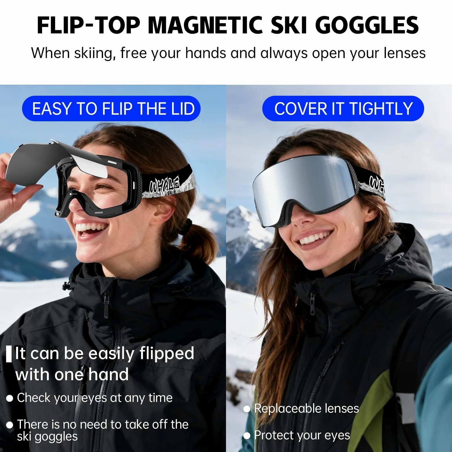 Whale Lunettes de ski à rabat magnétique pour homme, femme et adolescent - Protection UV 100 %