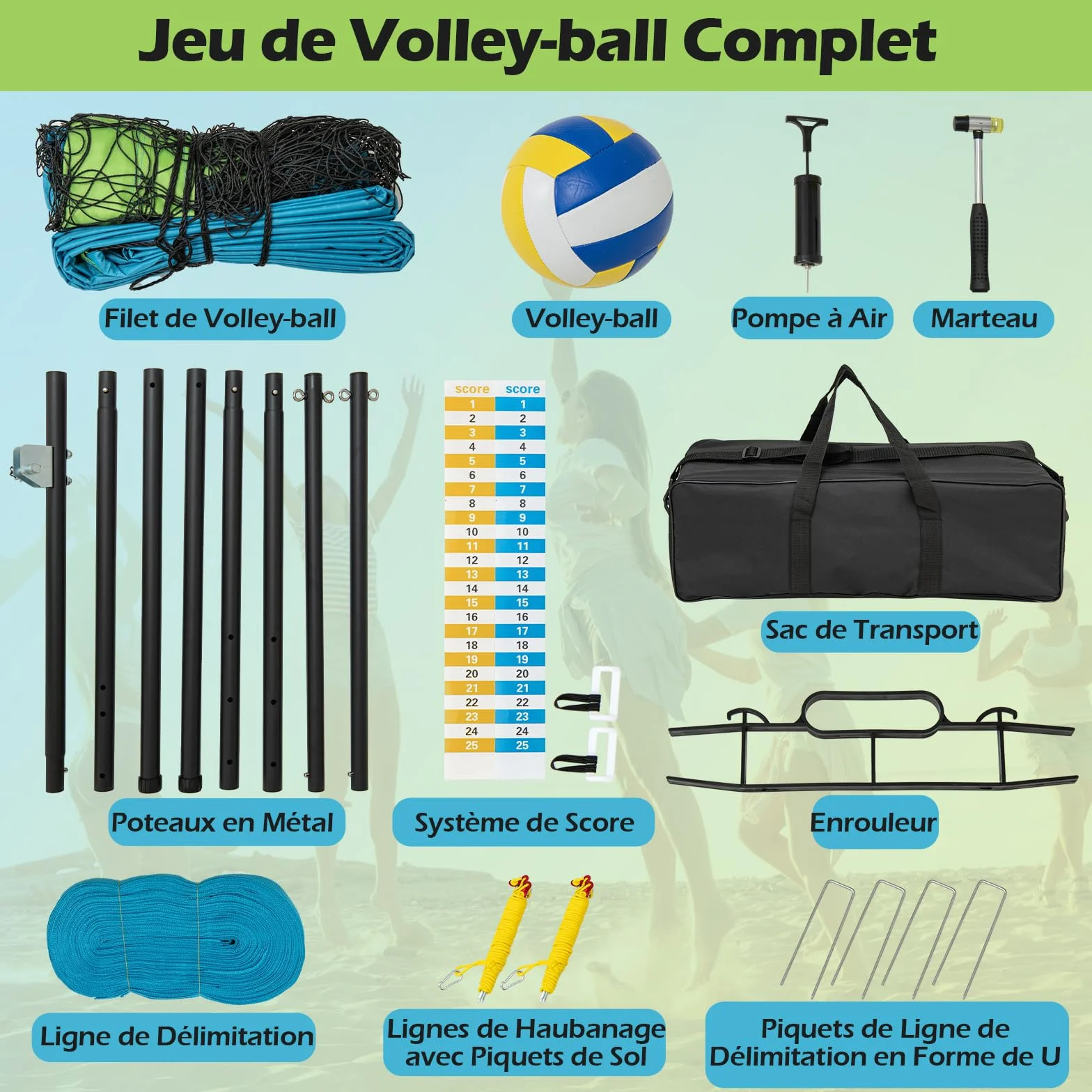 GOPLUS Filet de Volleyball Exterieur Piscine Réglable en Hauteur, Kit de Volley Complet avec Poteaux en Métal, 9,75 m x 0,9 m