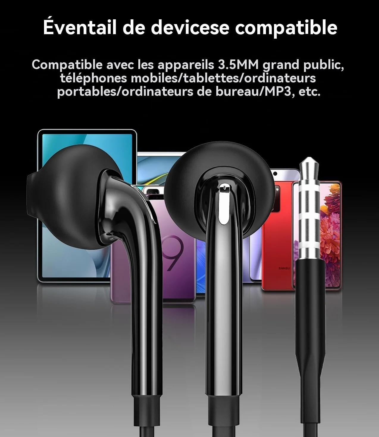 Écouteurs Filaire Jack 3.5mm Lot de 2 Casque AUX Audio Réducteur Bruit Stéréo