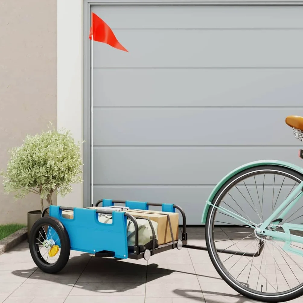 Remorque de vélo bleue en tissu Oxford et fer revêtu par pulvérisation, pliable et pliable avec réflecteur pour enfants, chiens et charges, avec embrayage, housse de pluie et suspension
