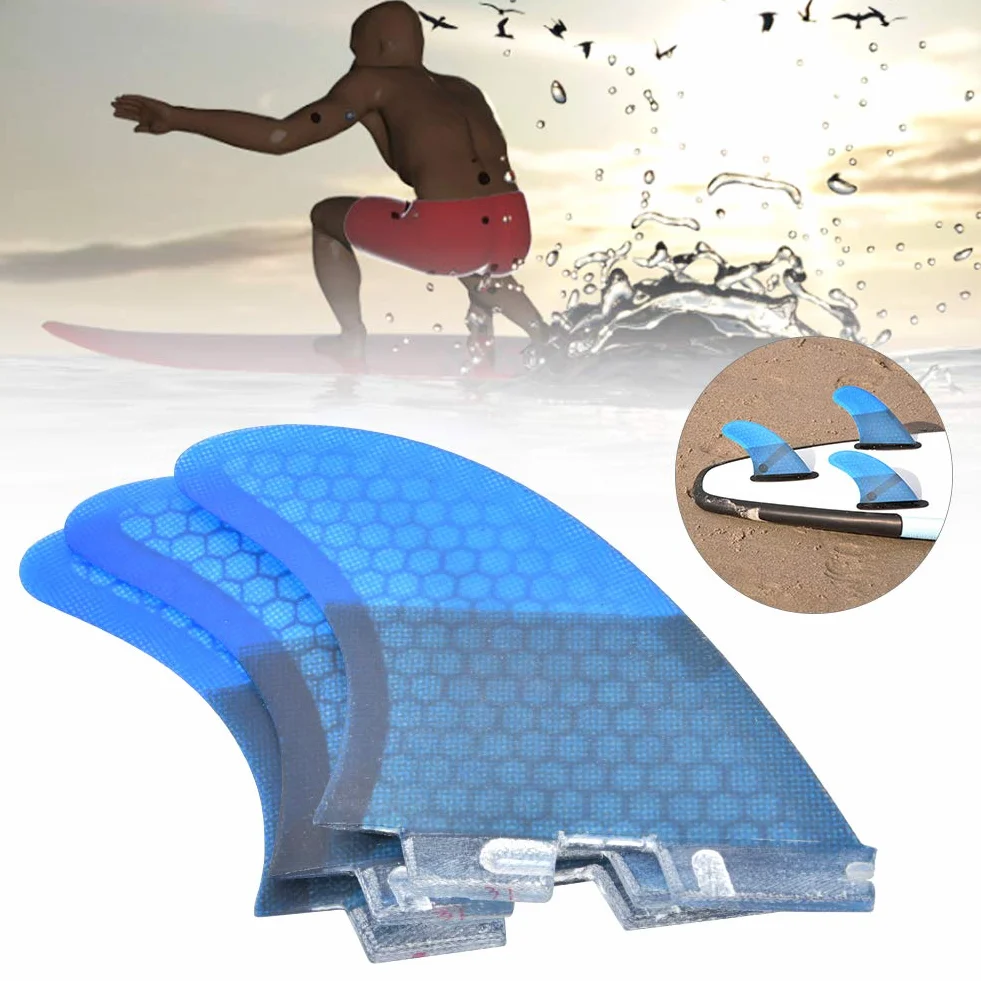 3 ailerons de surf lisses, ailerons arrière légers en fibre de verre, élégants et pratiques, bleus, pour planche de surf et paddleboard. Accessoire de surf flexible et stable.