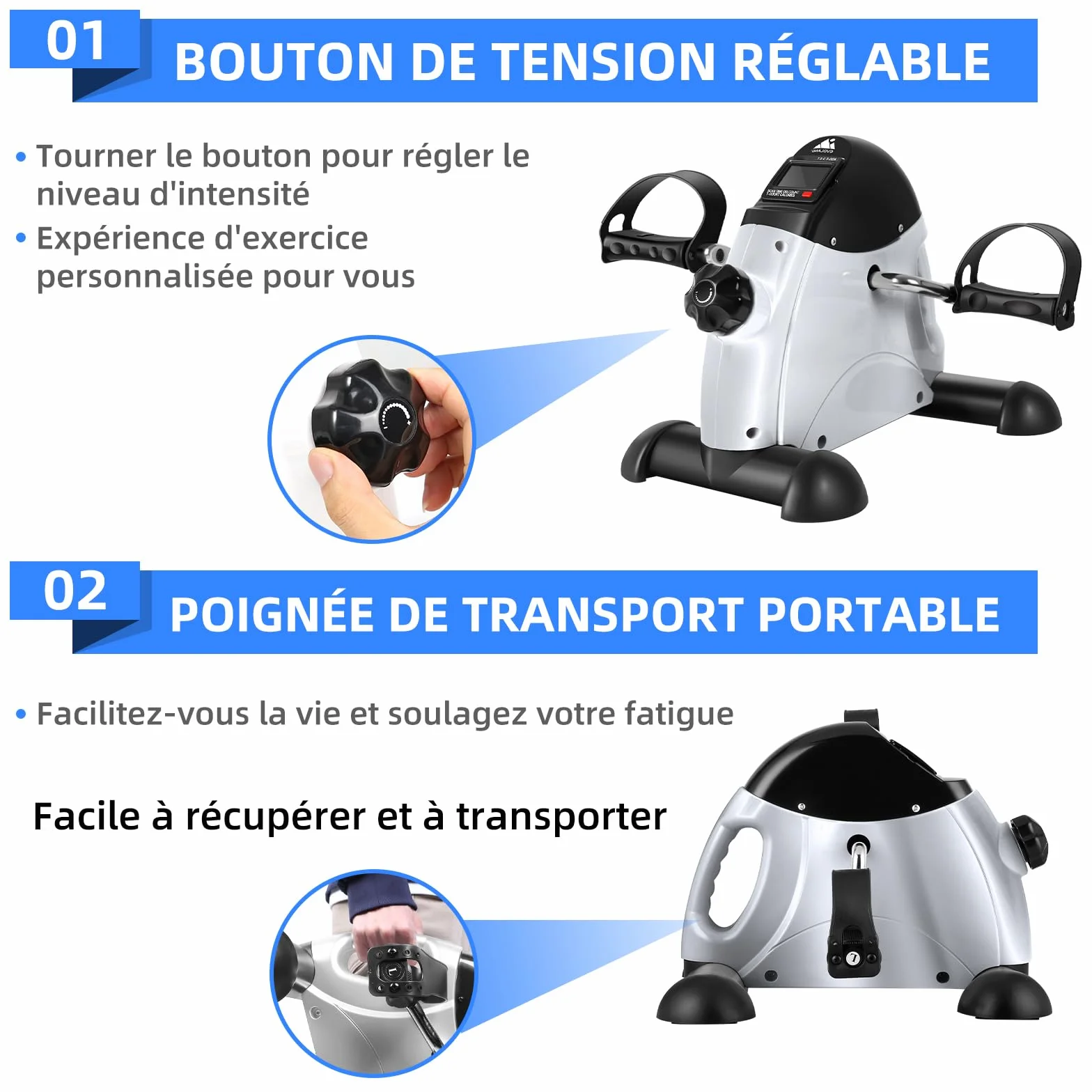 Mini Vélo d'Appartement Pédalier Réglable avec Écran LCD pour Jambes et Bras