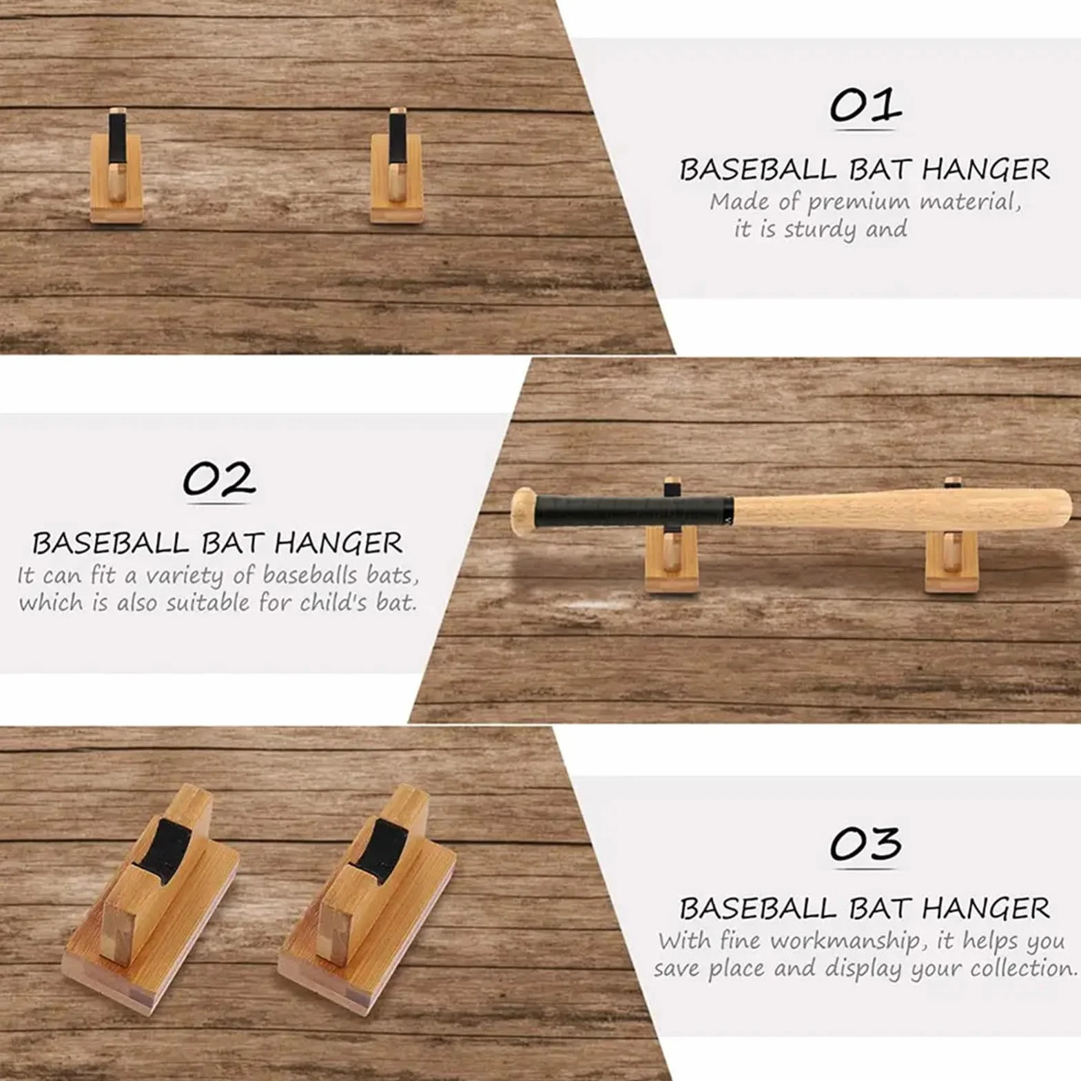 Support pour batte de baseball en bois massif fait à la main, affichage horizontal