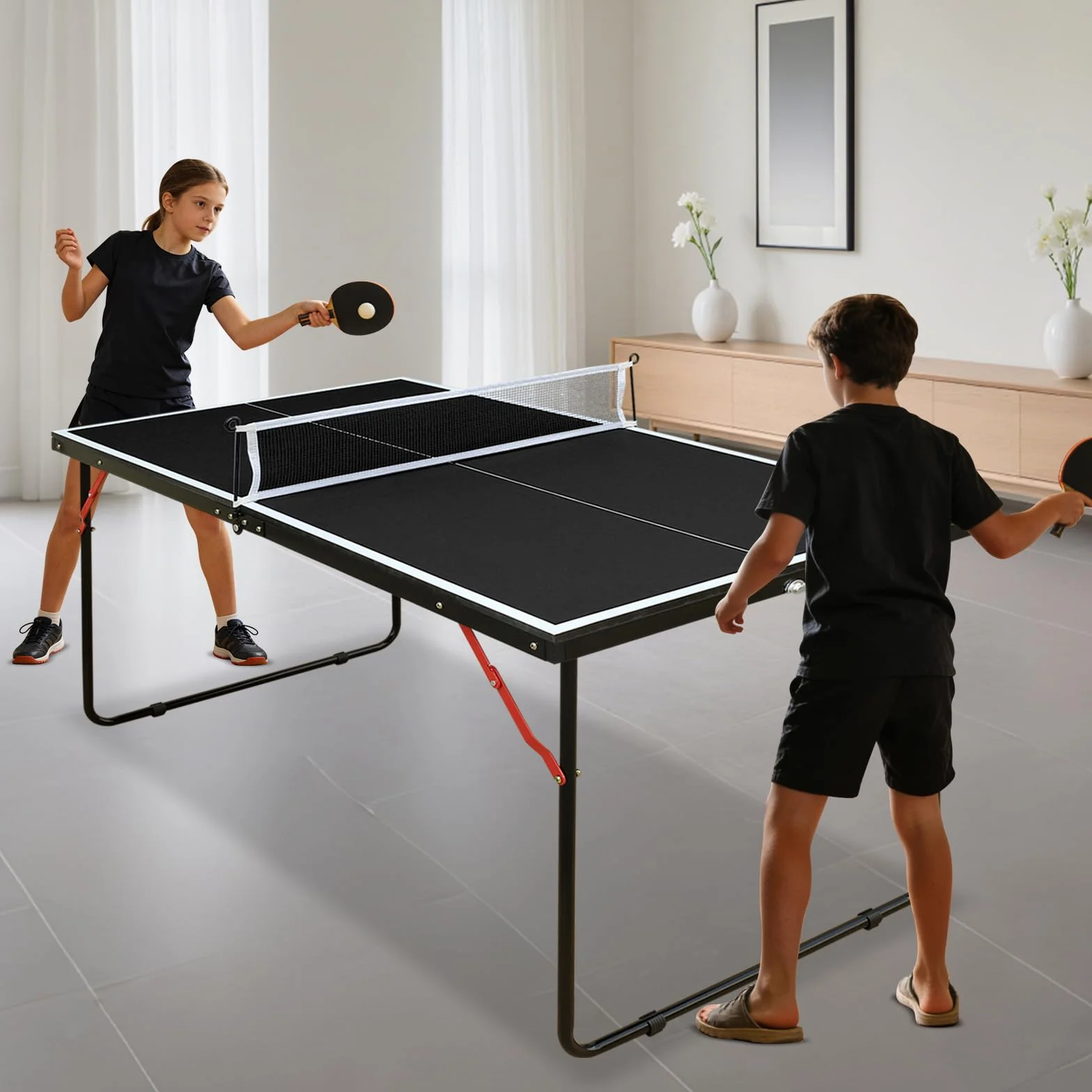 Table de Ping Pong Pliable MDF 137 cm avec Filet Raquettes Balles Noir pour Adultes Enfants Intérieur Extérieur