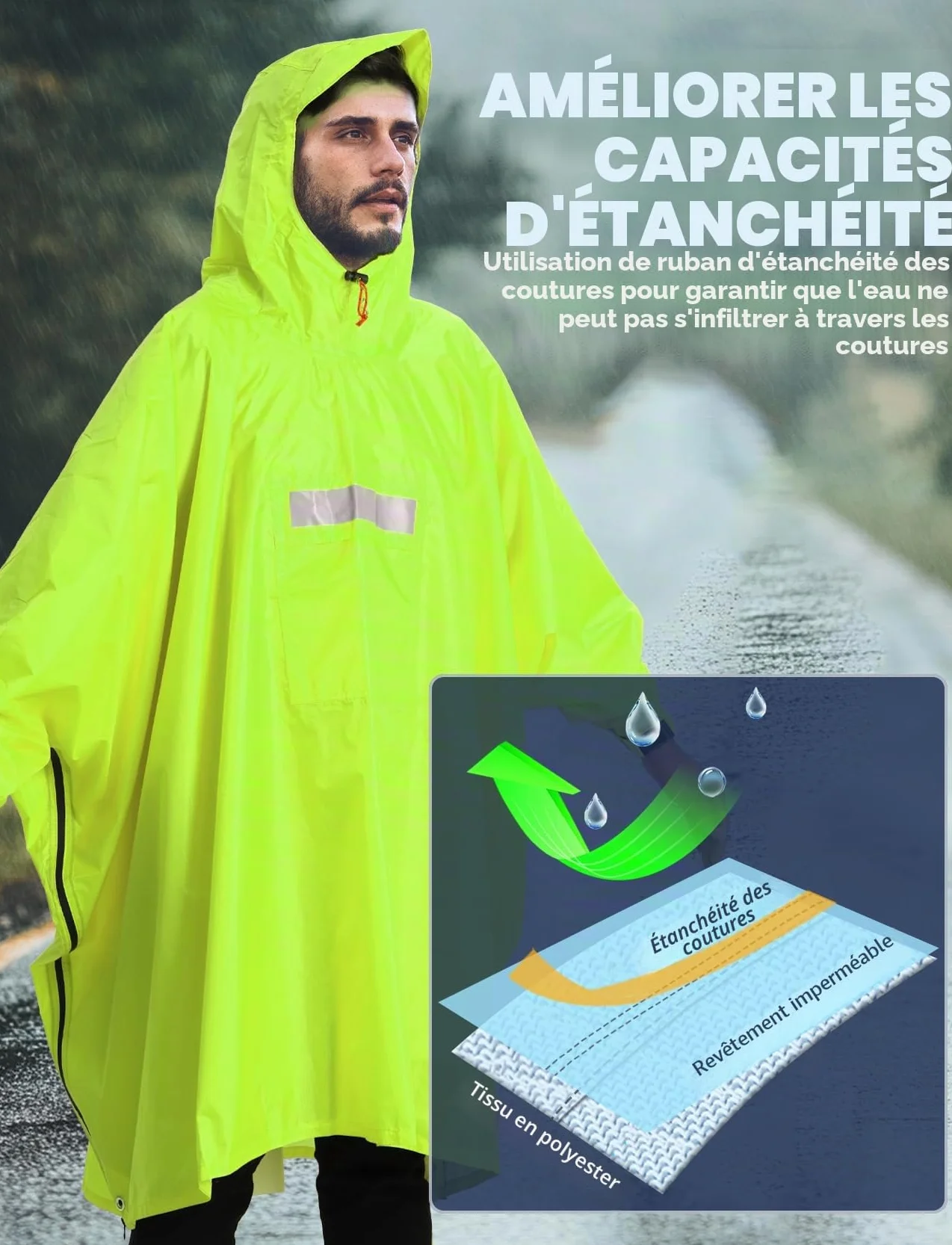 ANYOO Poncho imperméable réutilisable respirant avec capuche Taille Unique