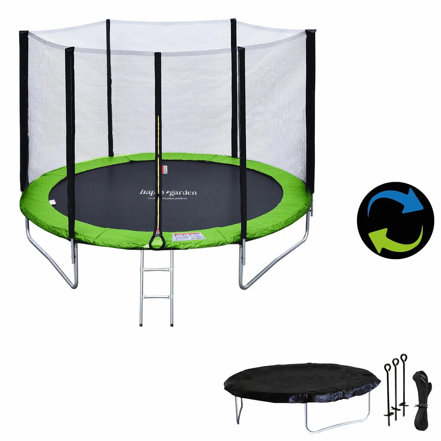 Trampoline de Jardin Rond pour Enfants 180cm réversible Vert/Bleu Cairns avec Filet, Échelle, Bâche et Kit d'Ancrage